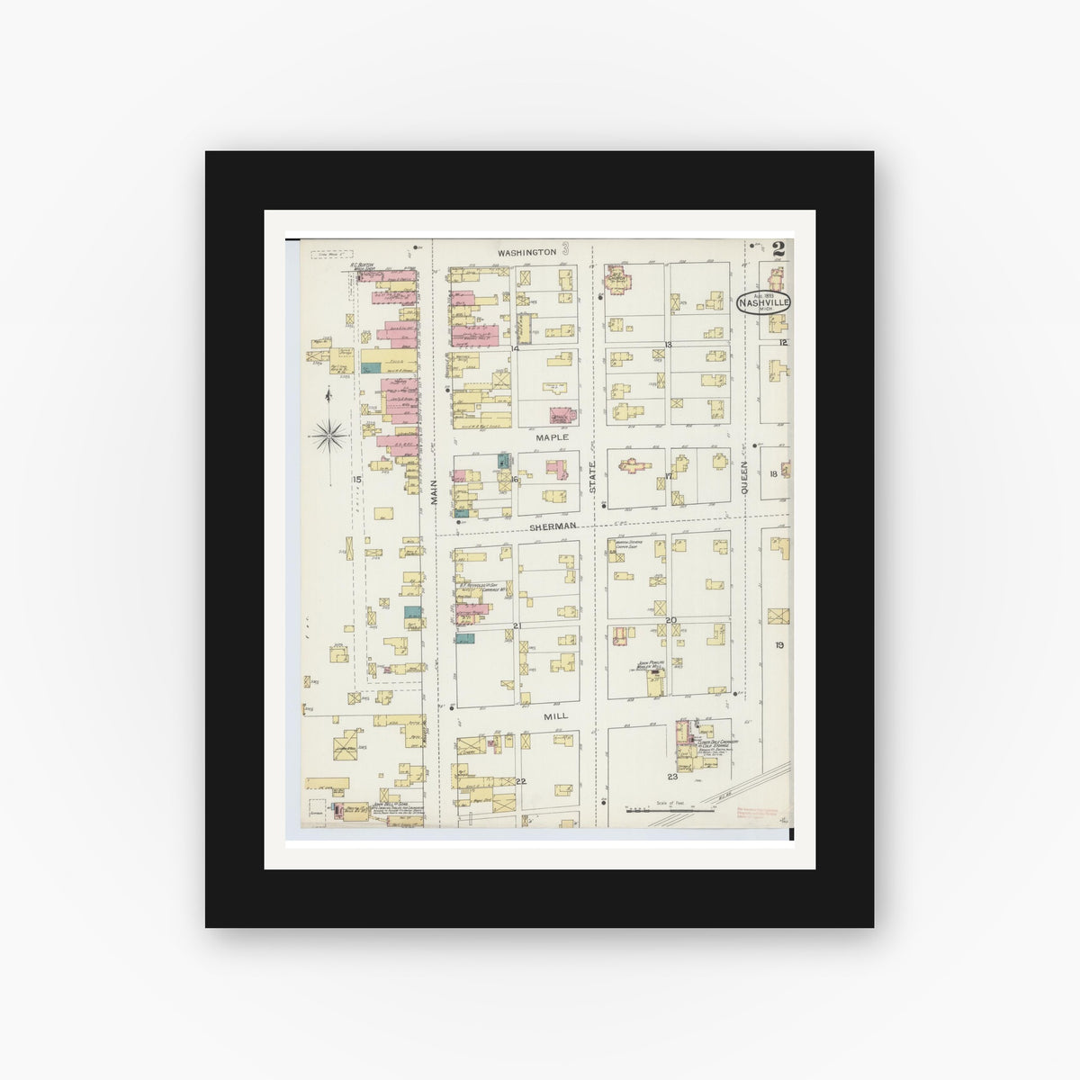 Old map wall art mockup — black gallery frame with white mat — Sanborn Fire Insurance Map from Nashville, Barry County, Michigan (1893), Sheet #0002