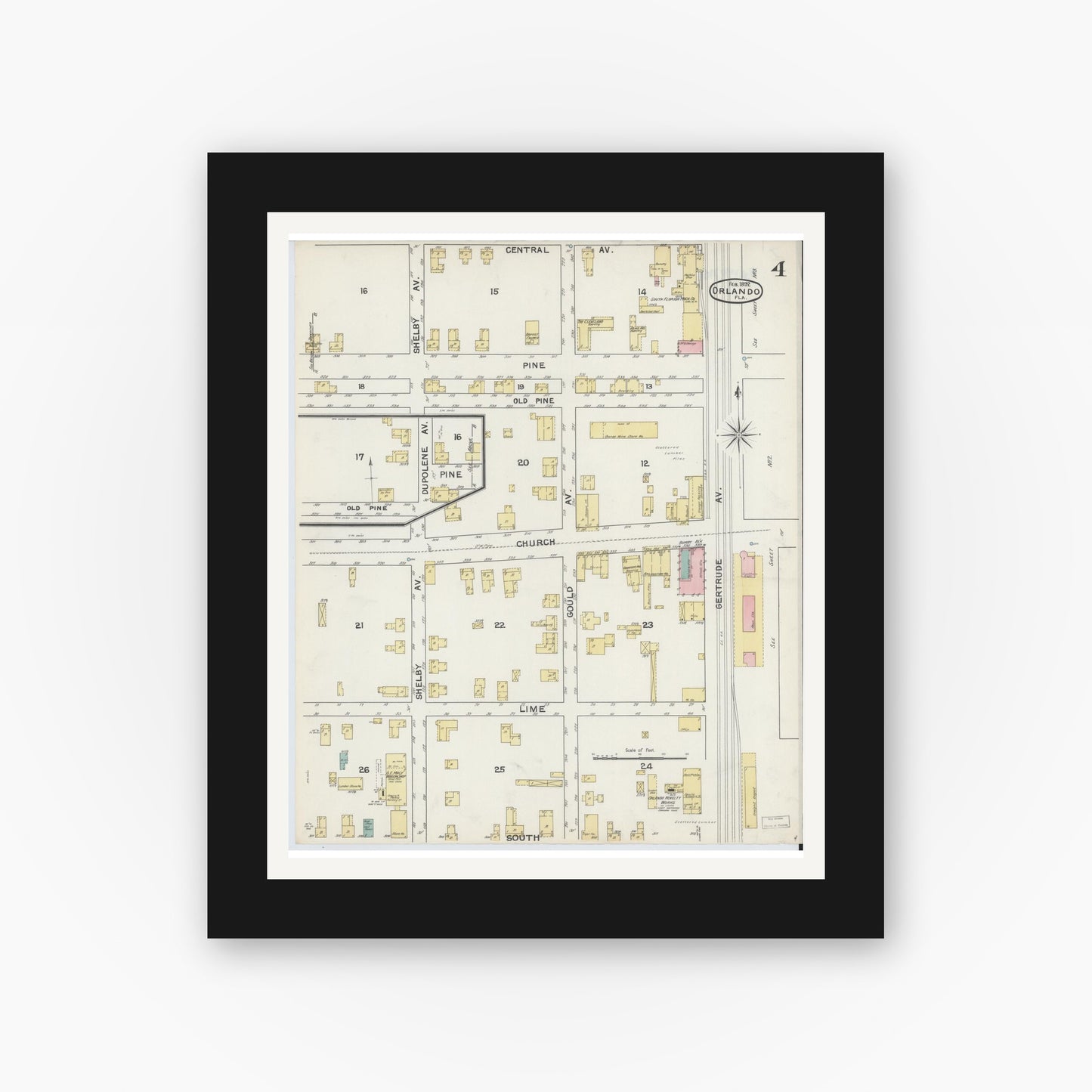 Old map wall art mockup — black gallery frame with white mat — Sanborn Fire Insurance Map from Orlando, Orange County, Florida (1892), Sheet #0004