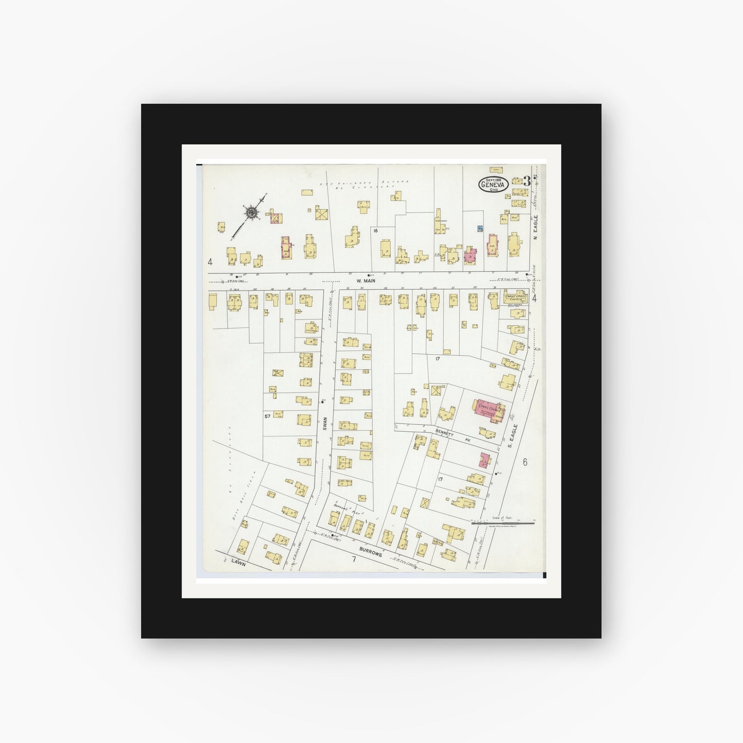 Old map wall art mockup — black gallery frame with white mat — Sanborn Fire Insurance Map from Geneva, Ashtabula County, Ohio (1919), Sheet #0003