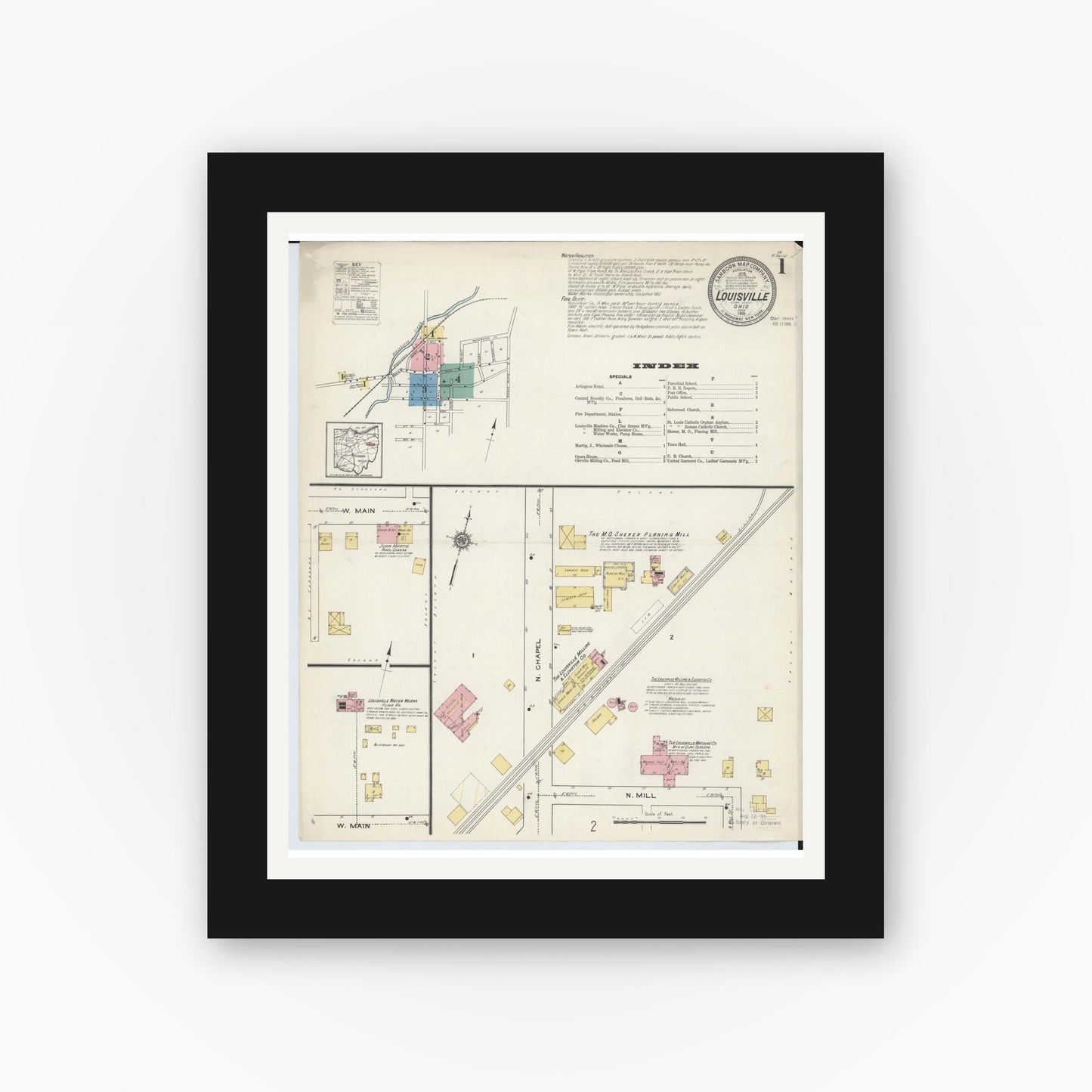 Old map wall art mockup — black gallery frame with white mat — Sanborn Fire Insurance Map from Louisville, Stark County, Ohio (1915) - Complete Map Set