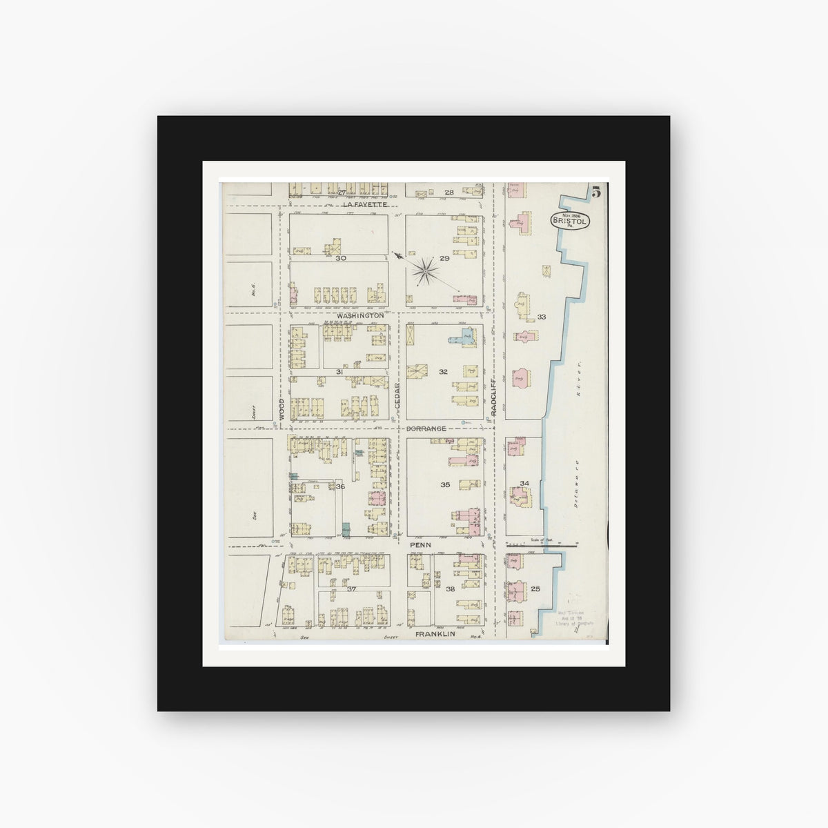 Old map wall art mockup — black gallery frame with white mat — Sanborn Fire Insurance Map from Bristol, Bucks County, Pennsylvania (1886), Sheet #0005