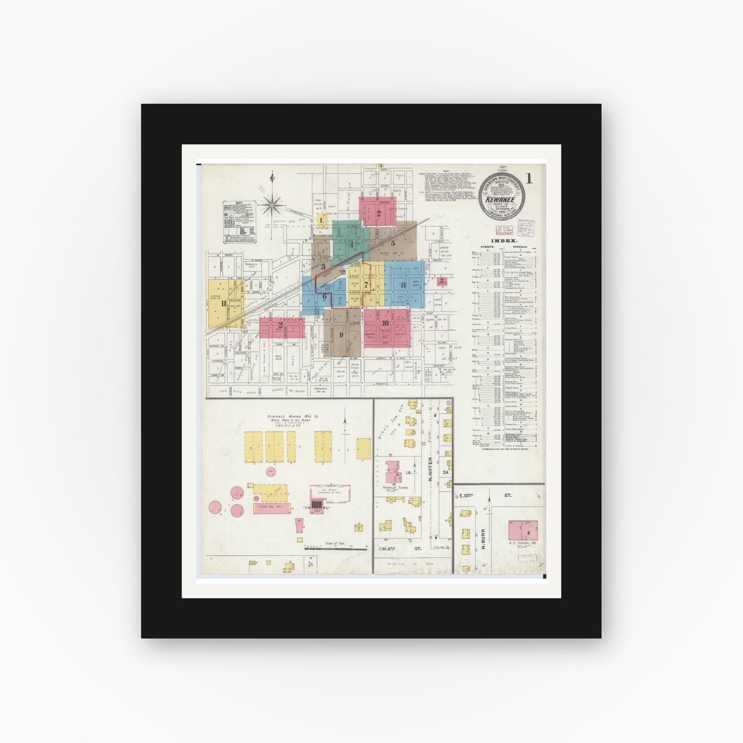 Old map wall art mockup — black gallery frame with white mat — Sanborn Fire Insurance Map from Kewanee, Henry County, Illinois (1905), Sheet #0001