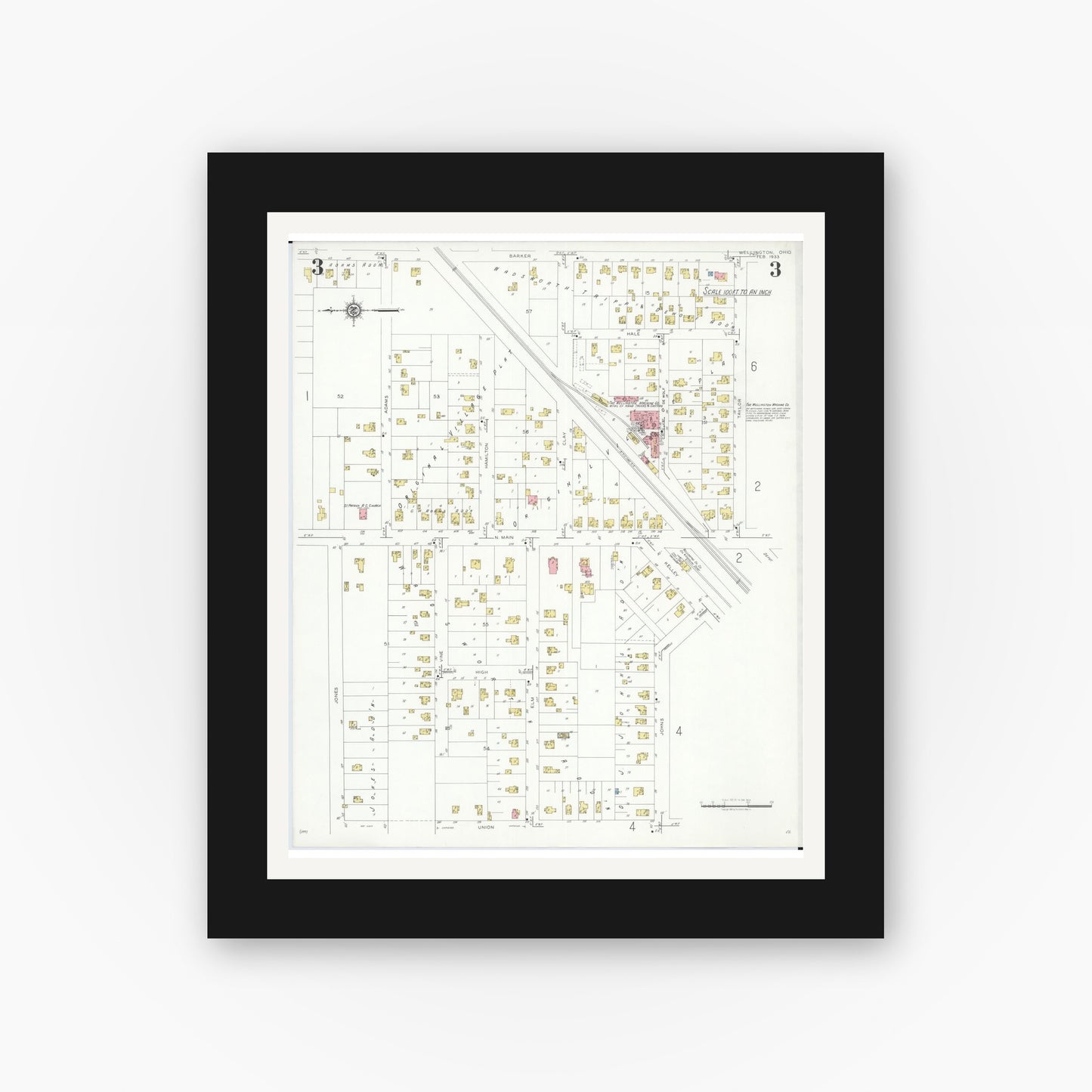 Old map wall art mockup — black gallery frame with white mat — Sanborn Fire Insurance Map from Wellington, Lorain County, Ohio (1933), Sheet #0003