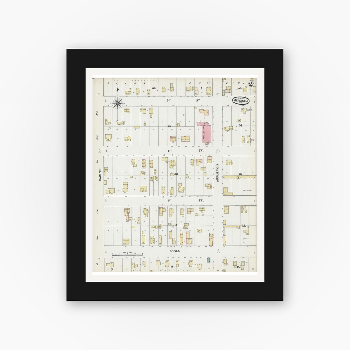 Old map wall art mockup — black gallery frame with white mat — Sanborn Fire Insurance Map from Menasha, Winnebago County, Wisconsin (1891), Sheet #0002