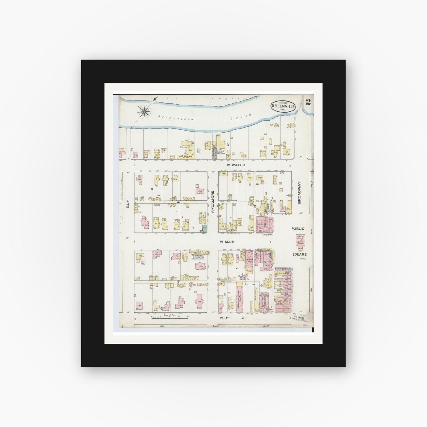 Old map wall art mockup — black gallery frame with white mat — Sanborn Fire Insurance Map from Greenville, Darke County, Ohio (1887), Sheet #0002