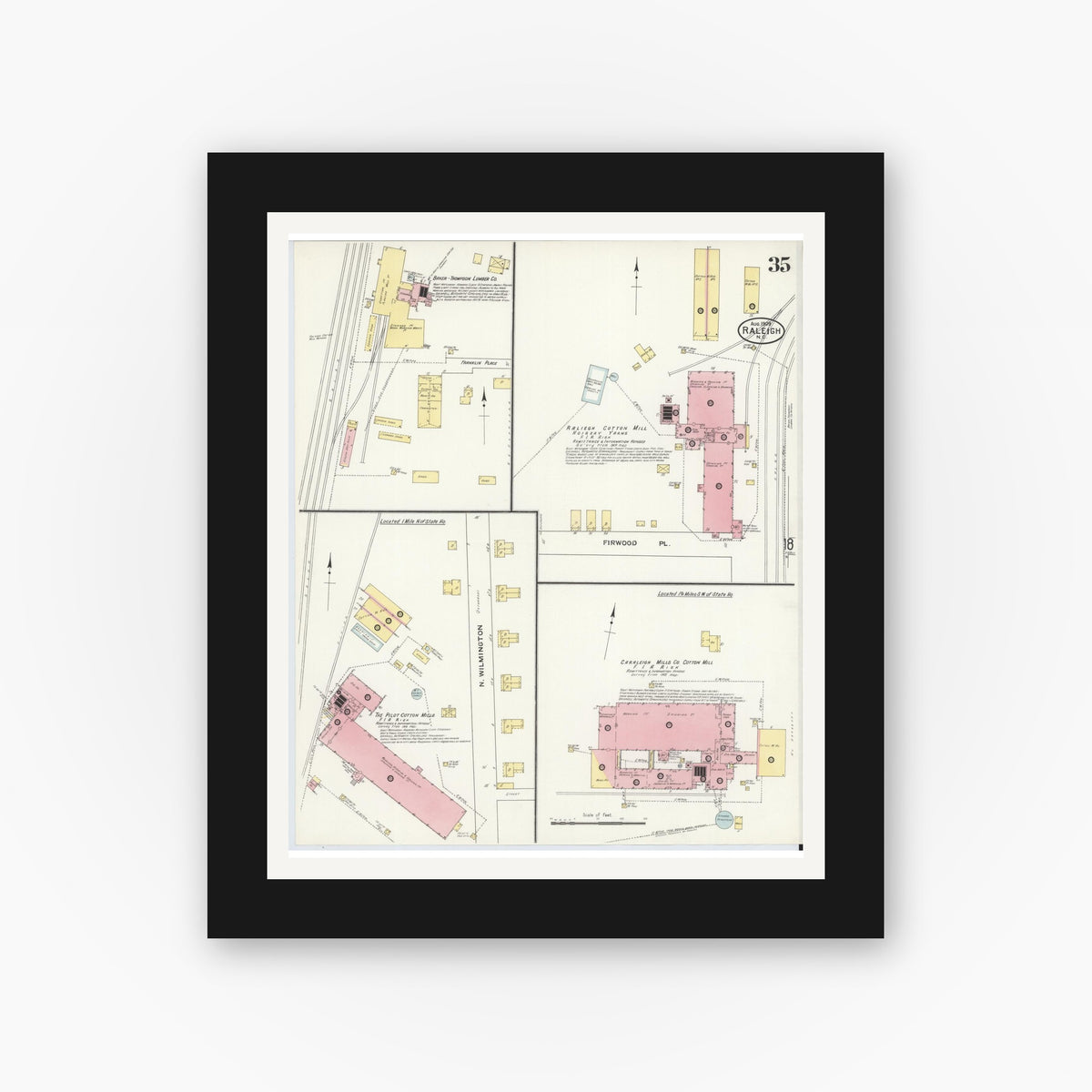 Old map wall art mockup β black gallery frame with white mat β Sanborn Fire Insurance Map from Raleigh, Wake County, North Carolina (1909), Sheet #0035