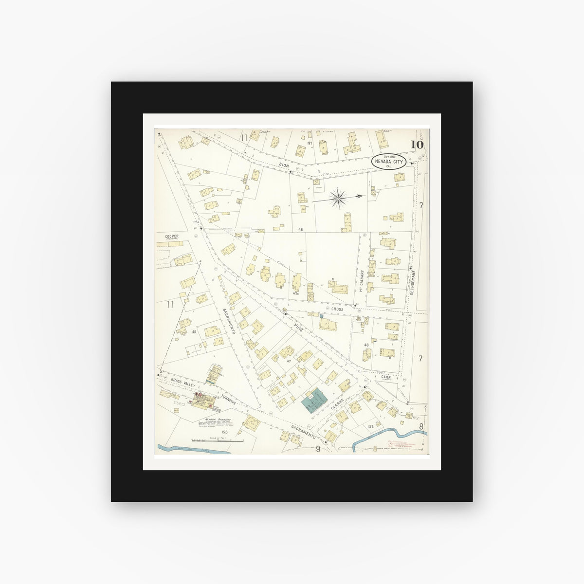 Old map wall art mockup — black gallery frame with white mat — Sanborn Fire Insurance Map from Nevada City, Nevada County, California (1898), Sheet #0010