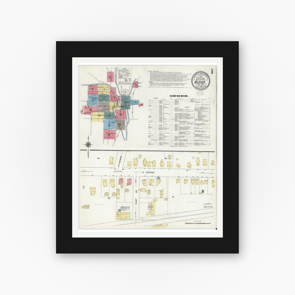Old map wall art mockup — black gallery frame with white mat — Sanborn Fire Insurance Map from Medina, Orleans County, New York (1909), Sheet #0001