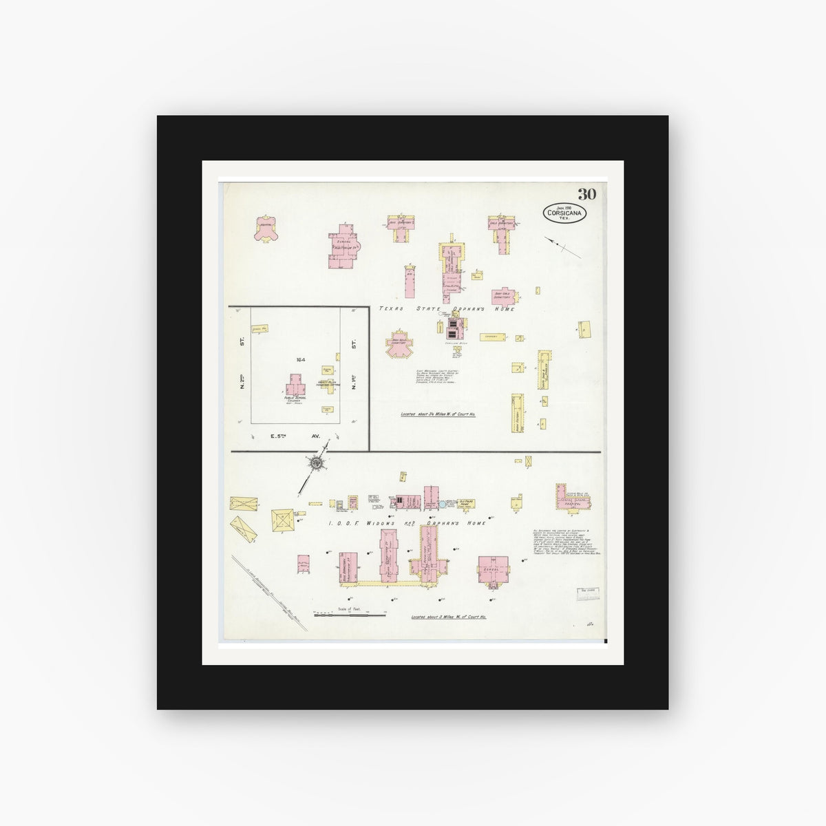 Old map wall art mockup — black gallery frame with white mat — Sanborn Fire Insurance Map from Corsicana, Navarro County, Texas (1910), Sheet #0030