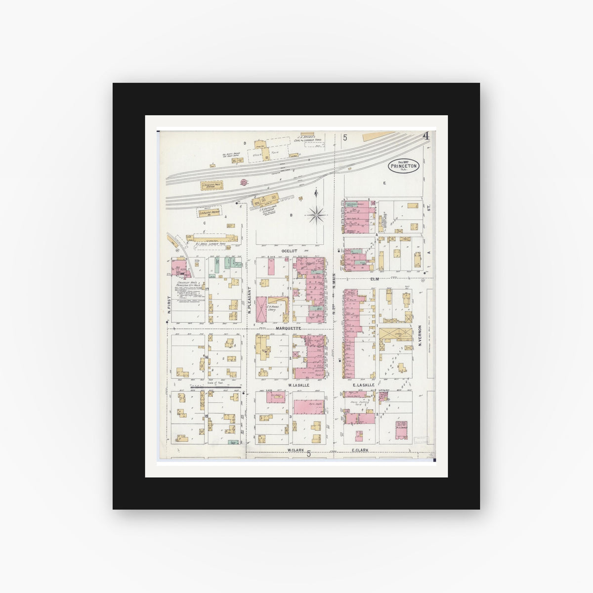 Old map wall art mockup — black gallery frame with white mat — Sanborn Fire Insurance Map from Princeton, Bureau County, Illinois (1897), Sheet #0004