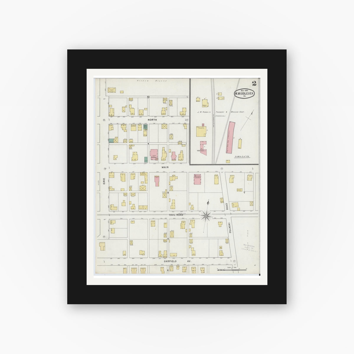 Old map wall art mockup — black gallery frame with white mat — Sanborn Fire Insurance Map from West Middlesex, Mercer County, Pennsylvania (1895), Sheet #0002