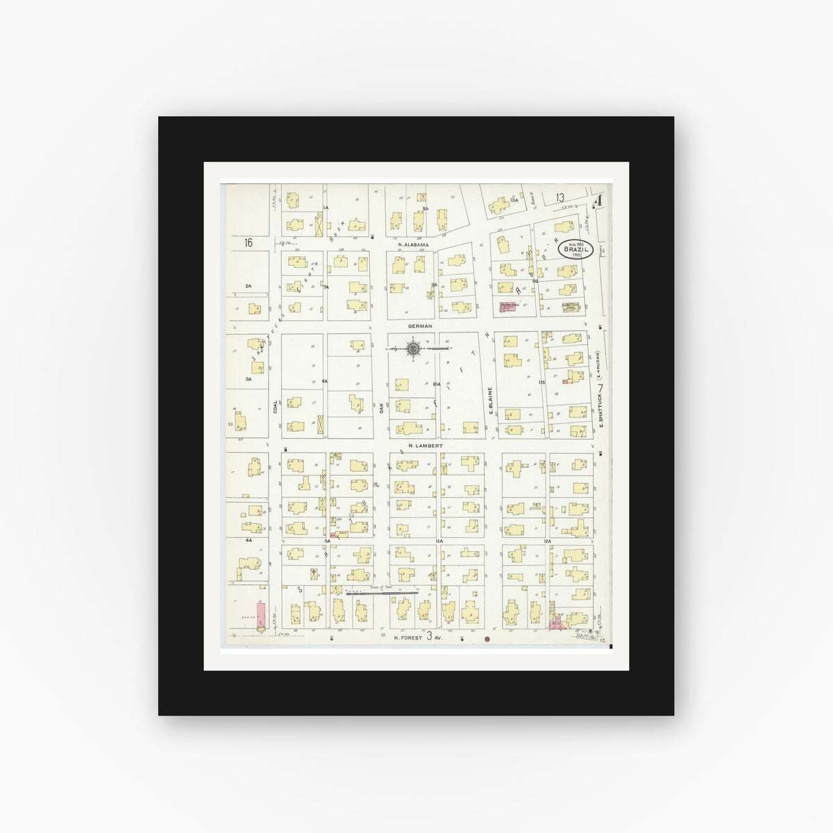 Old map wall art mockup — black gallery frame with white mat — Sanborn Fire Insurance Map from Brazil, Clay County, Indiana (1910), Sheet #0004