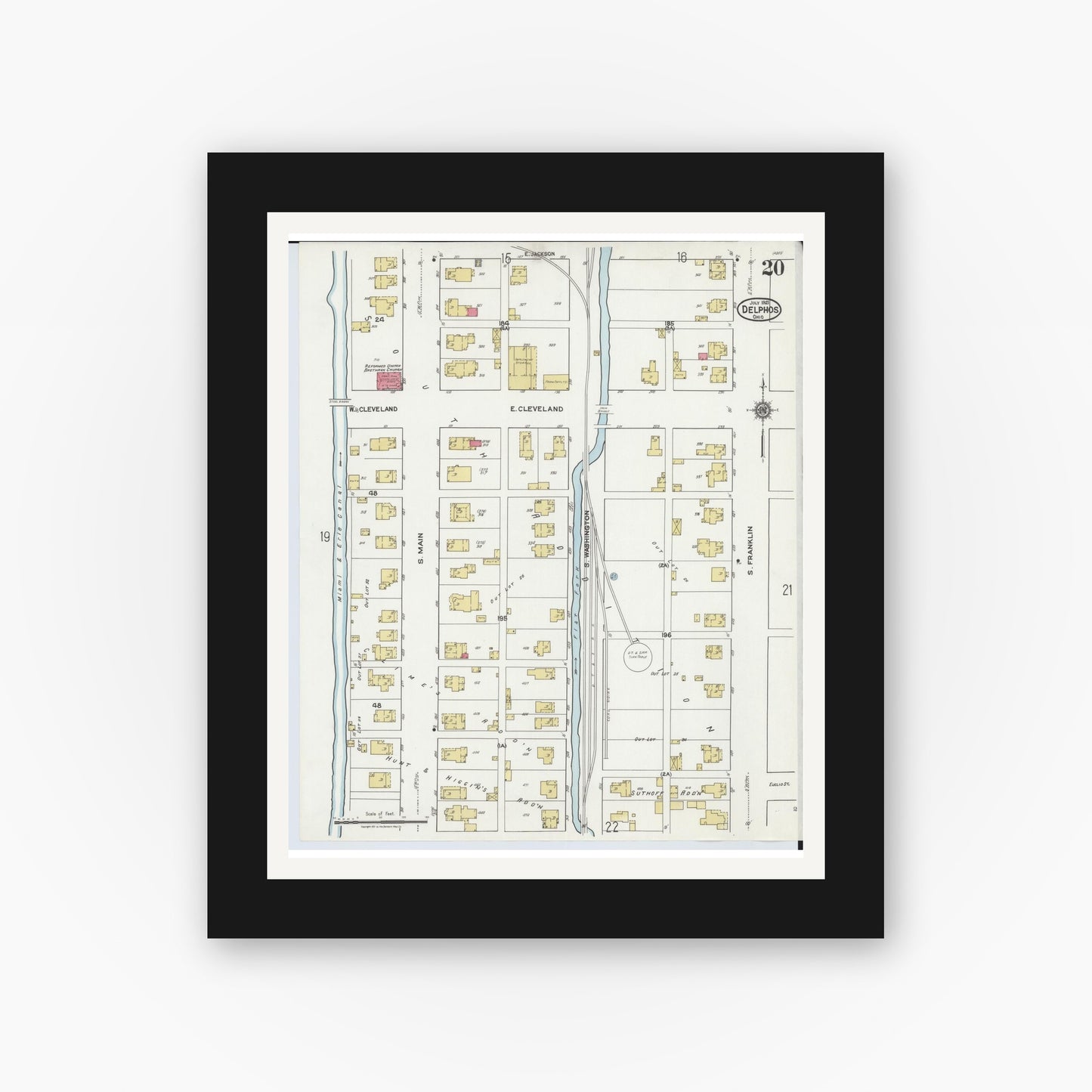 Old map wall art mockup — black gallery frame with white mat — Sanborn Fire Insurance Map from Delphos, Van Wert And Allen Counties, Ohio (1921), Sheet #0020