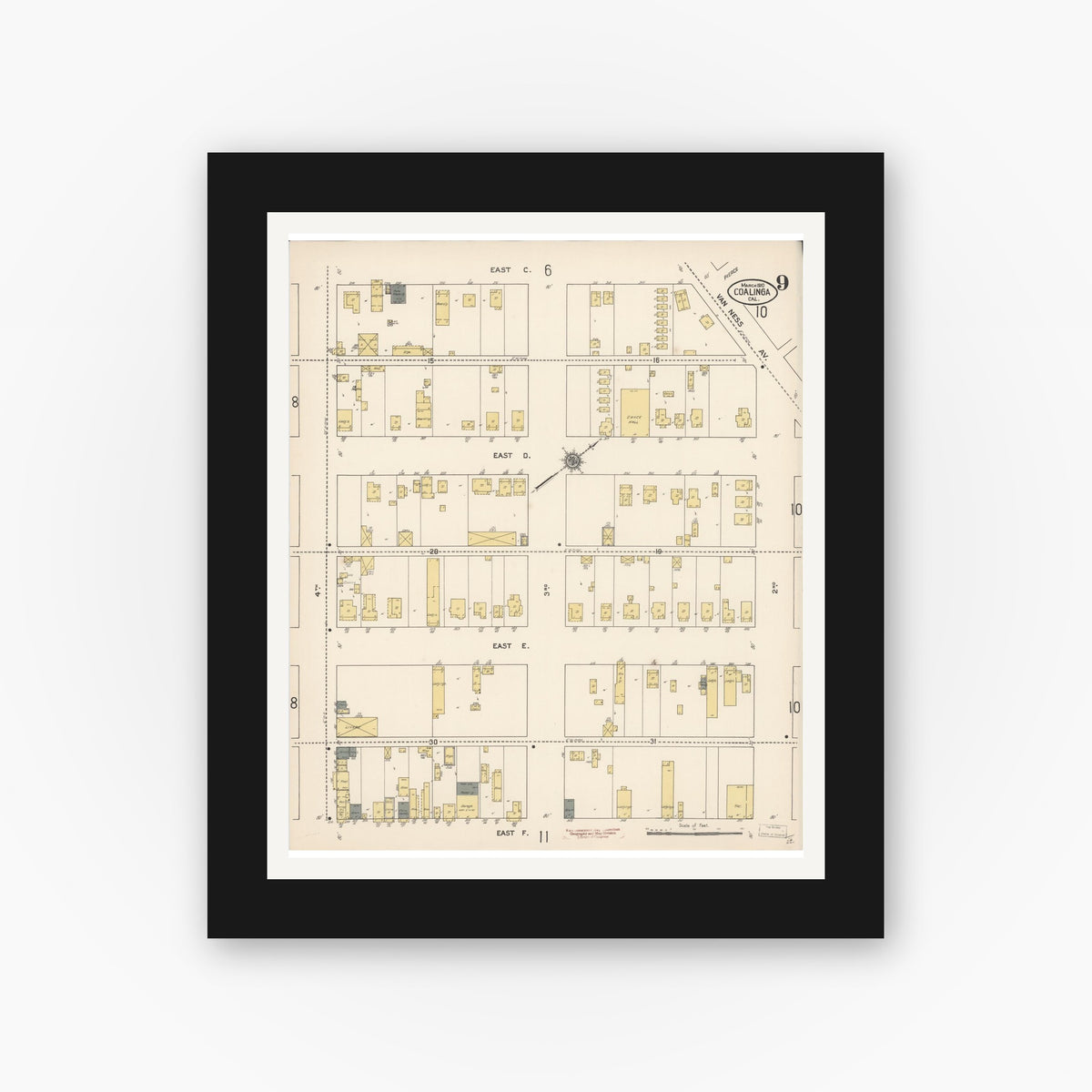 Old map wall art mockup — black gallery frame with white mat — Sanborn Fire Insurance Map from Coalinga, Fresno County, California (1910), Sheet #0009