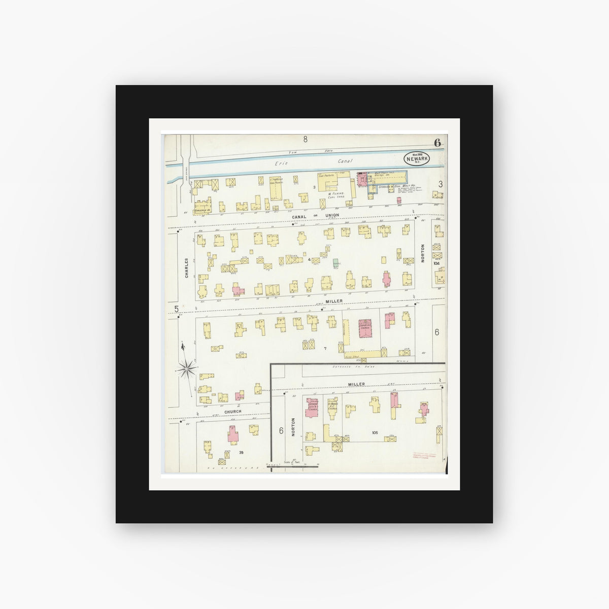 Old map wall art mockup — black gallery frame with white mat — Sanborn Fire Insurance Map from Newark, Wayne County, New York (1898), Sheet #0006