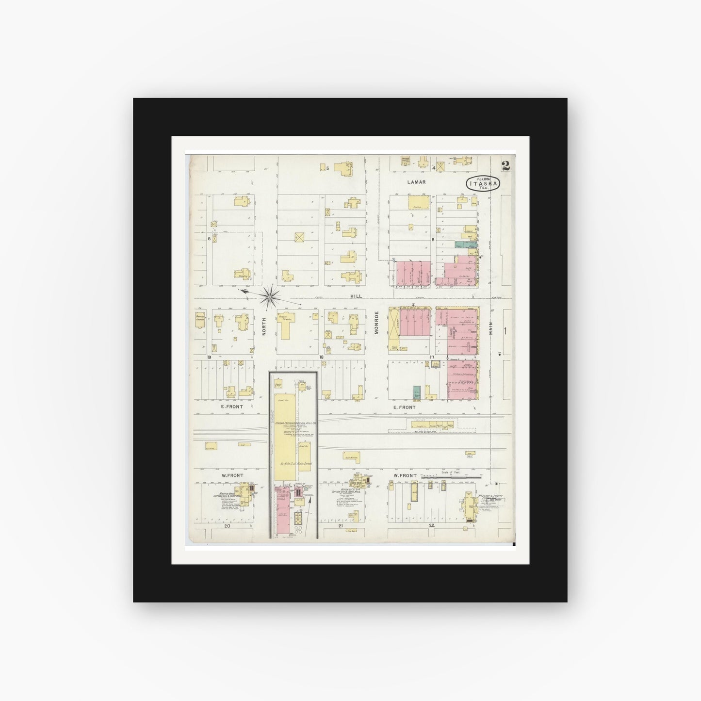 Old map wall art mockup — black gallery frame with white mat — Sanborn Fire Insurance Map from Itasca, Hill County, Texas (1896), Sheet #0002