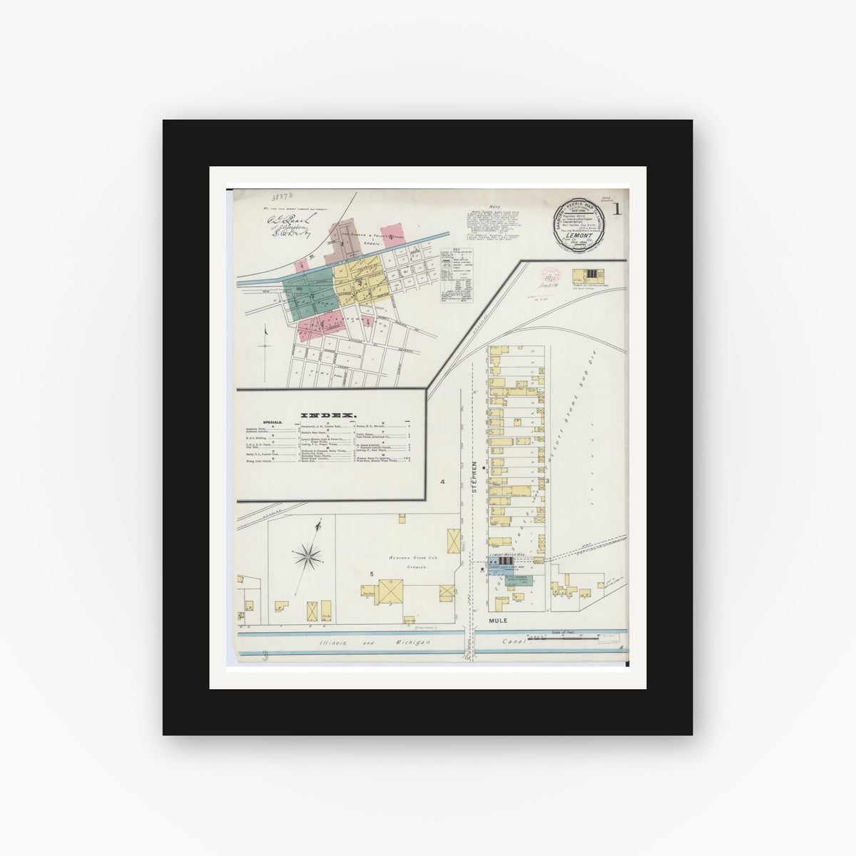 Old map wall art mockup — black gallery frame with white mat — Sanborn Fire Insurance Map from Lemont, Cook County, Illinois (1894) - Complete Map Set