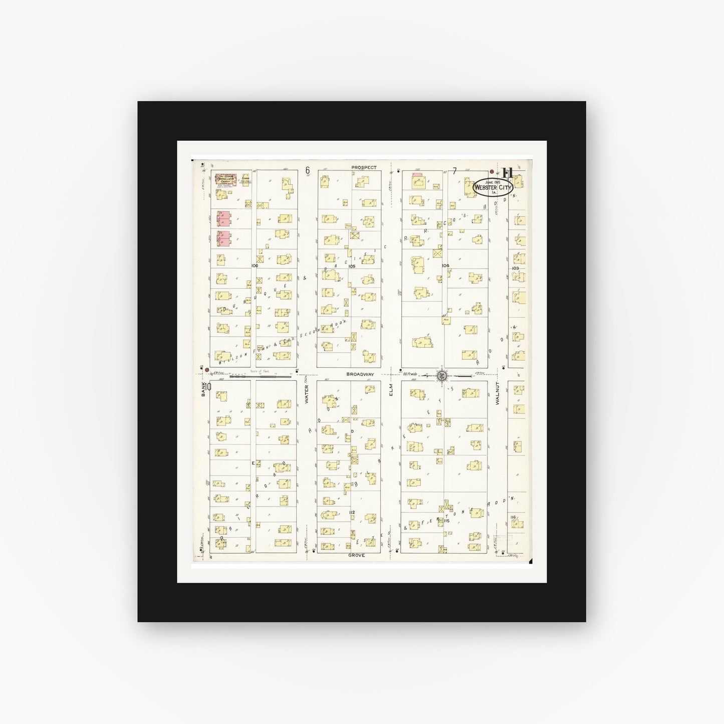 Old map wall art mockup — black gallery frame with white mat — Sanborn Fire Insurance Map from Webster City, Hamilton County, Iowa (1915), Sheet #0011