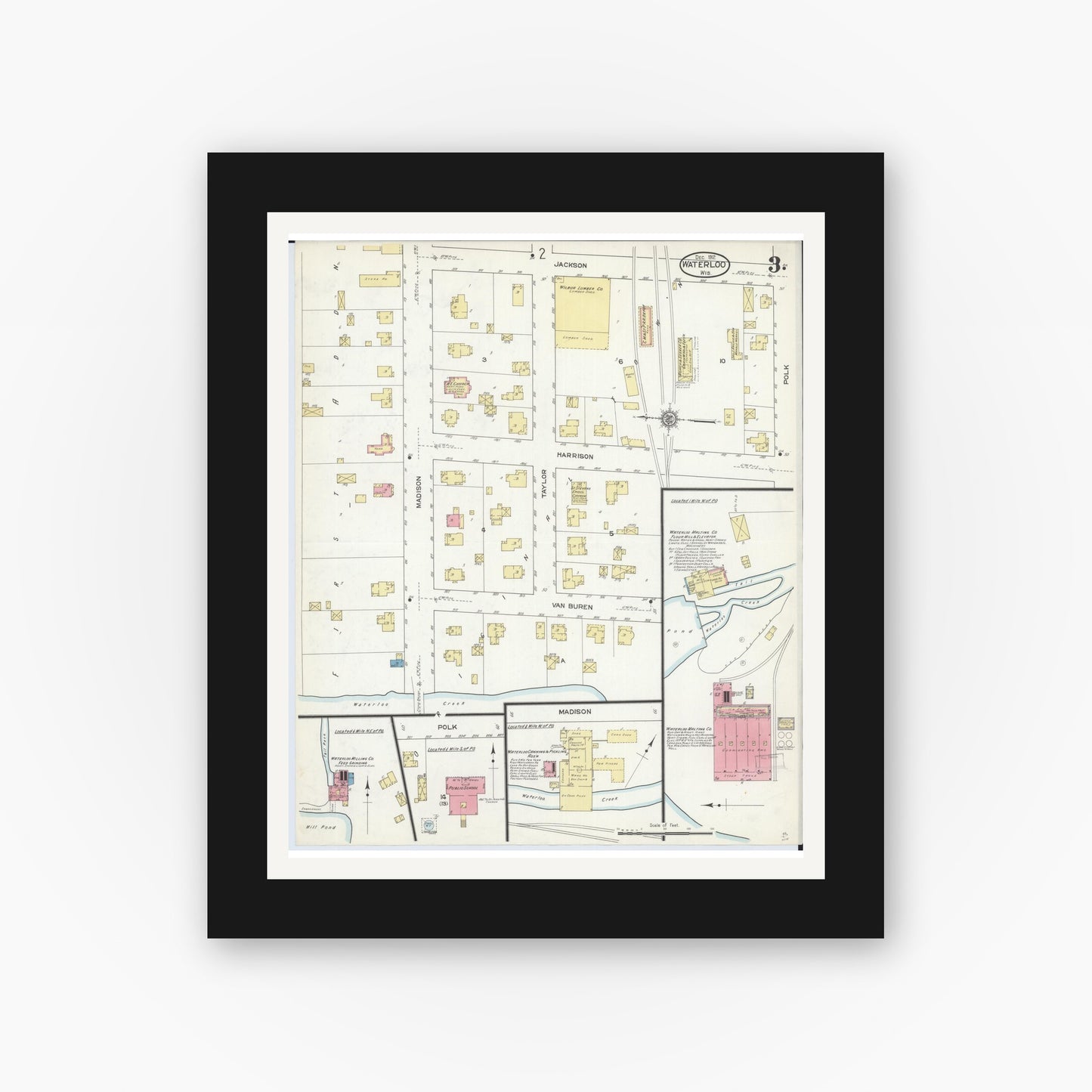 Old map wall art mockup — black gallery frame with white mat — Sanborn Fire Insurance Map from Waterloo, Jefferson County, Wisconsin (1912), Sheet #0003