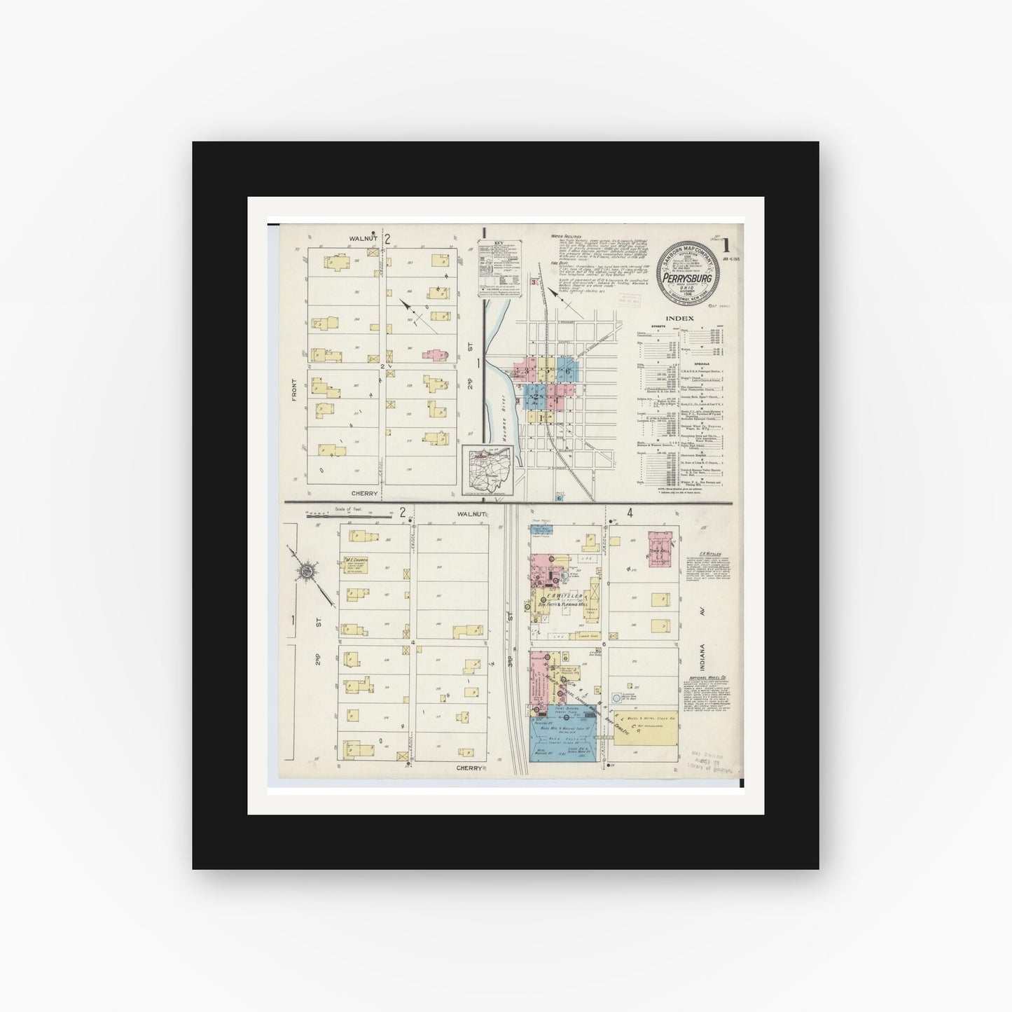 Old map wall art mockup — black gallery frame with white mat — Sanborn Fire Insurance Map from Perrysburg, Wood County, Ohio (1914), Sheet #0001