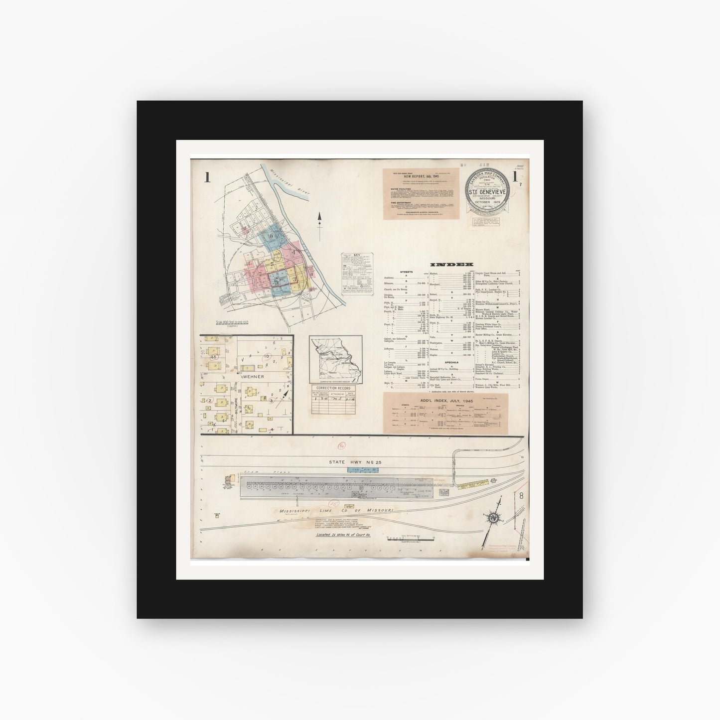 Old map wall art mockup — black gallery frame with white mat — Sanborn Fire Insurance Map from Sainte Genevieve, Saint Genevieve County, Missouri (1945), Sheet #0001