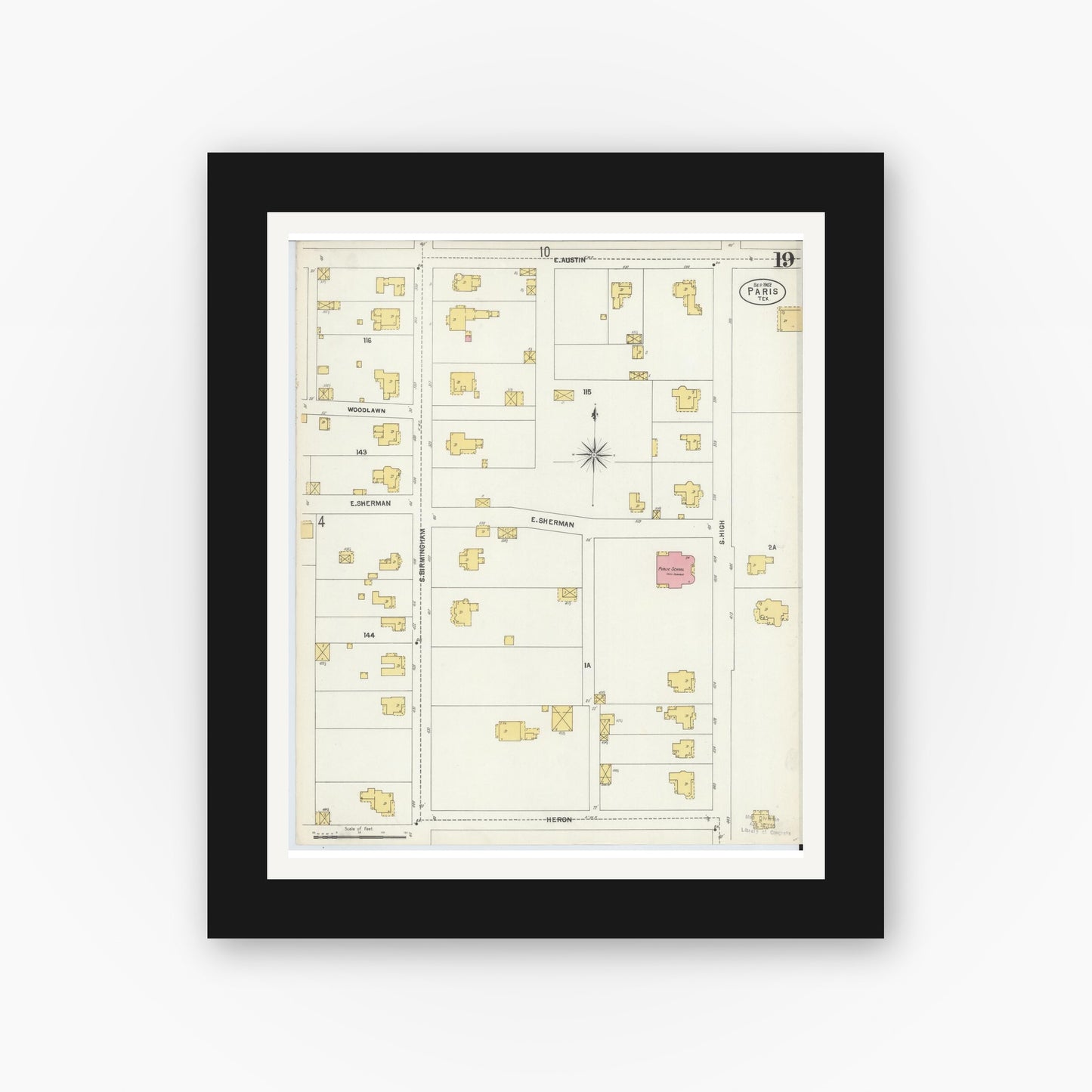 Old map wall art mockup — black gallery frame with white mat — Sanborn Fire Insurance Map from Paris, Lamar County, Texas (1902), Sheet #0019
