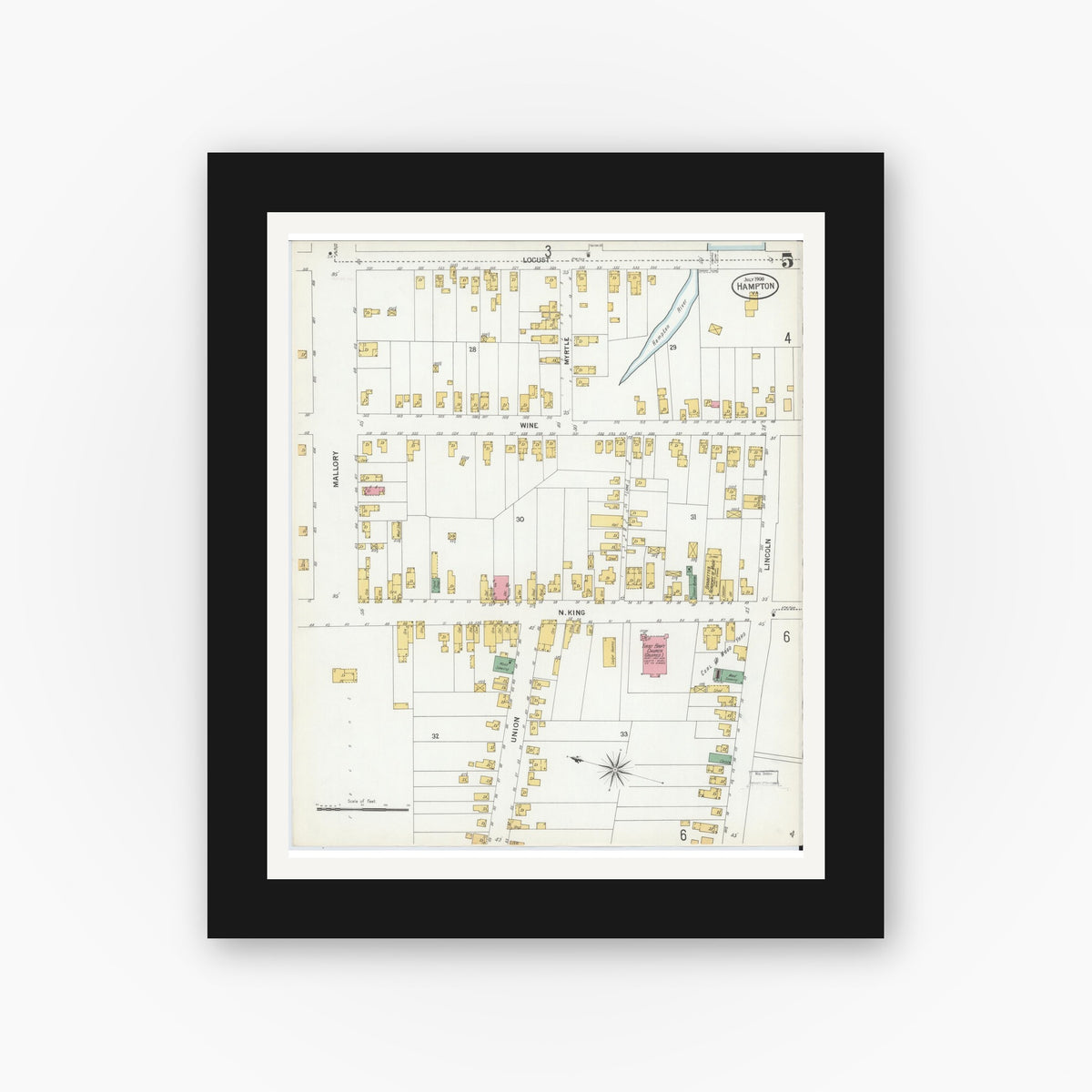 Old map wall art mockup — black gallery frame with white mat — Sanborn Fire Insurance Map from Hampton, Independent Cities, Virginia (1900), Sheet #0005
