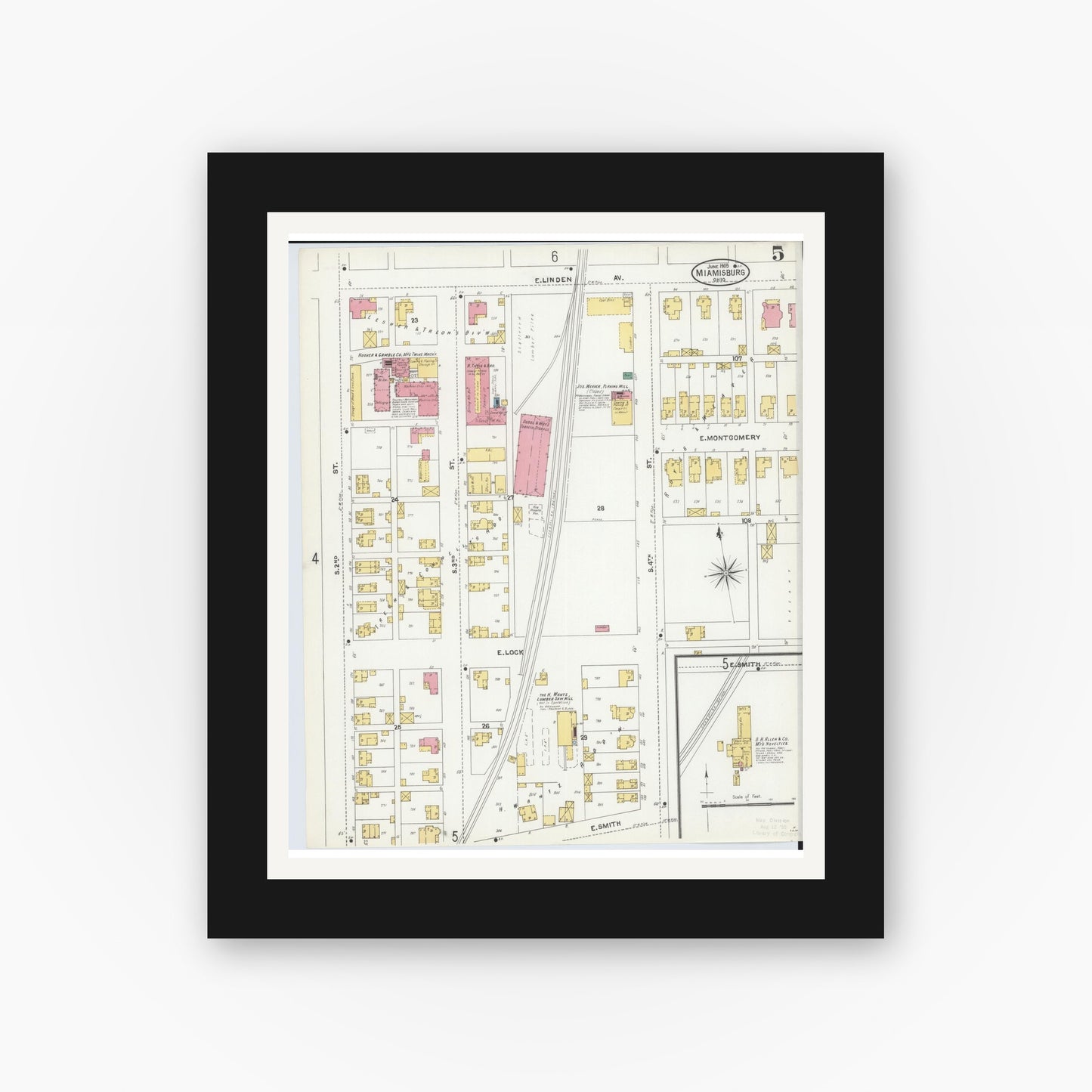 Old map wall art mockup — black gallery frame with white mat — Sanborn Fire Insurance Map from Miamisburg, Montgomery County, Ohio (1905), Sheet #0005