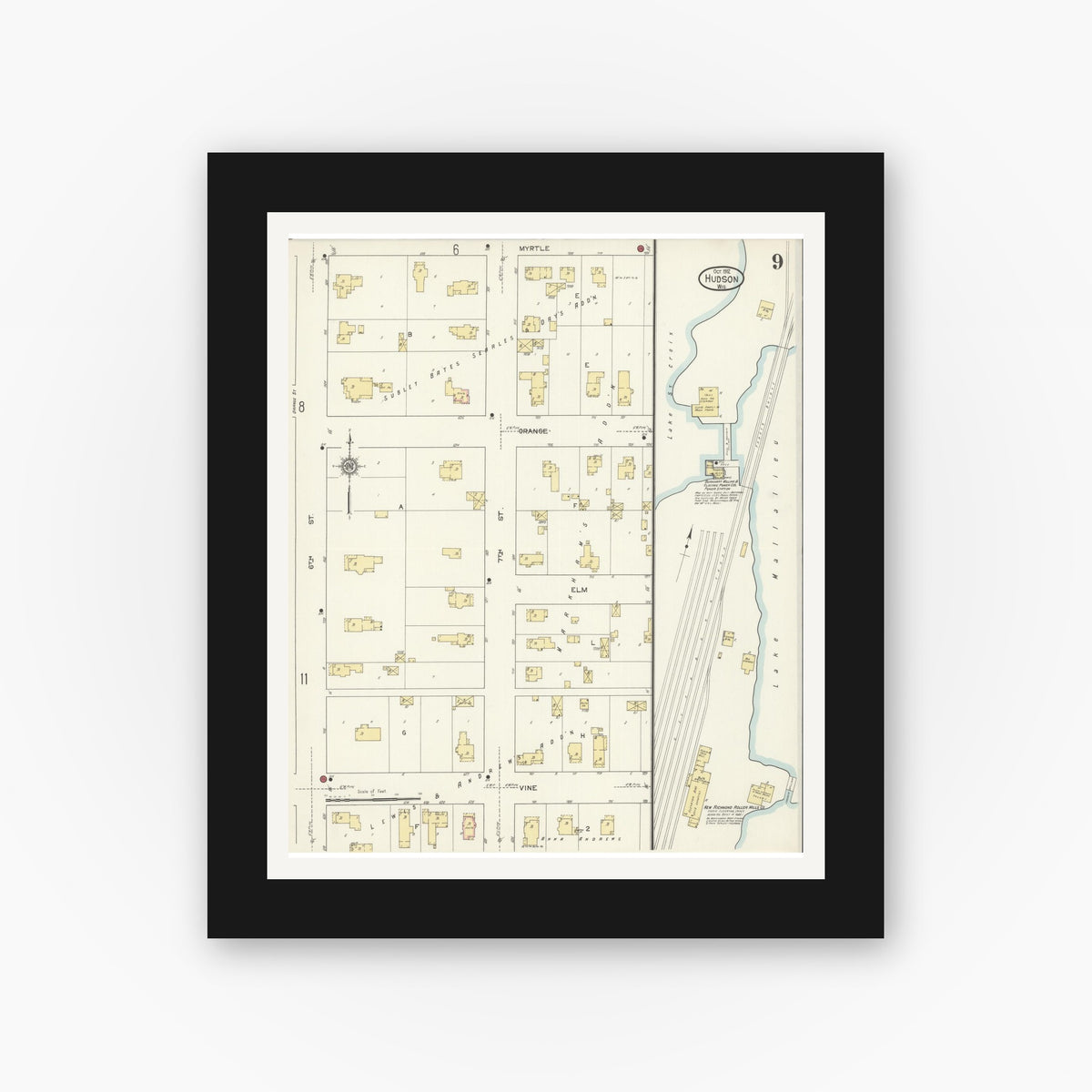 Old map wall art mockup — black gallery frame with white mat — Sanborn Fire Insurance Map from Hudson, St. Croix County, Wisconsin (1912), Sheet #0009