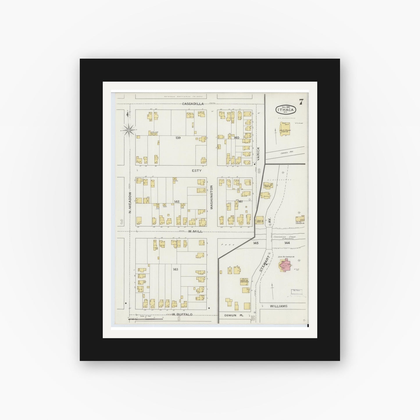 Old map wall art mockup — black gallery frame with white mat — Sanborn Fire Insurance Map from Ithaca, Tompkins County, New York (1893), Sheet #0007