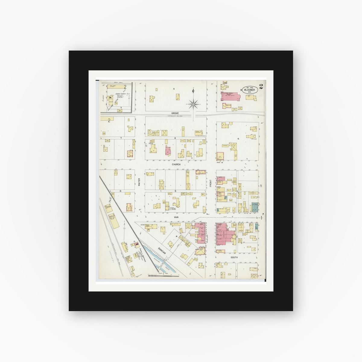 Old map wall art mockup — black gallery frame with white mat — Sanborn Fire Insurance Map from Bloomer, Chippewa County, Wisconsin (1902) - Complete Map Set