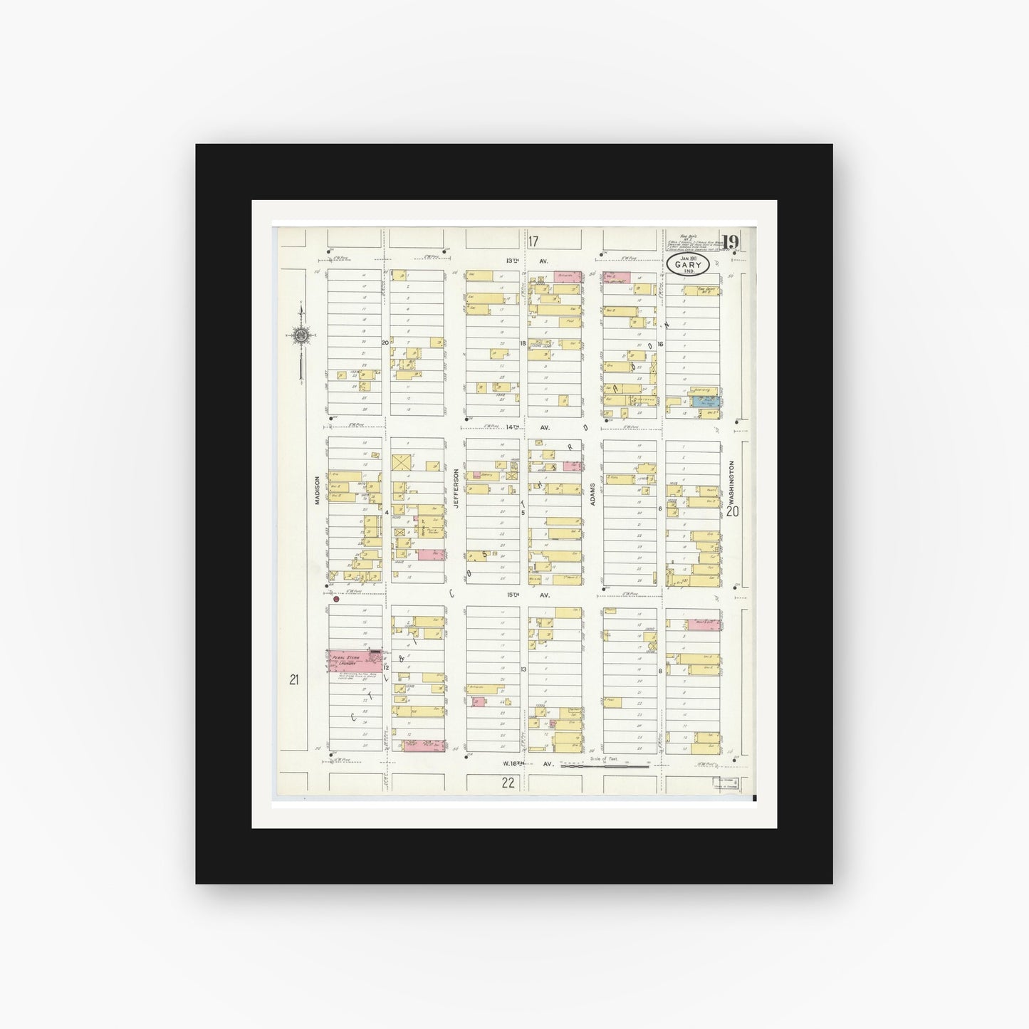Old map wall art mockup β black gallery frame with white mat β Sanborn Fire Insurance Map from Gary, Lake County, Indiana (1911), Sheet #0019