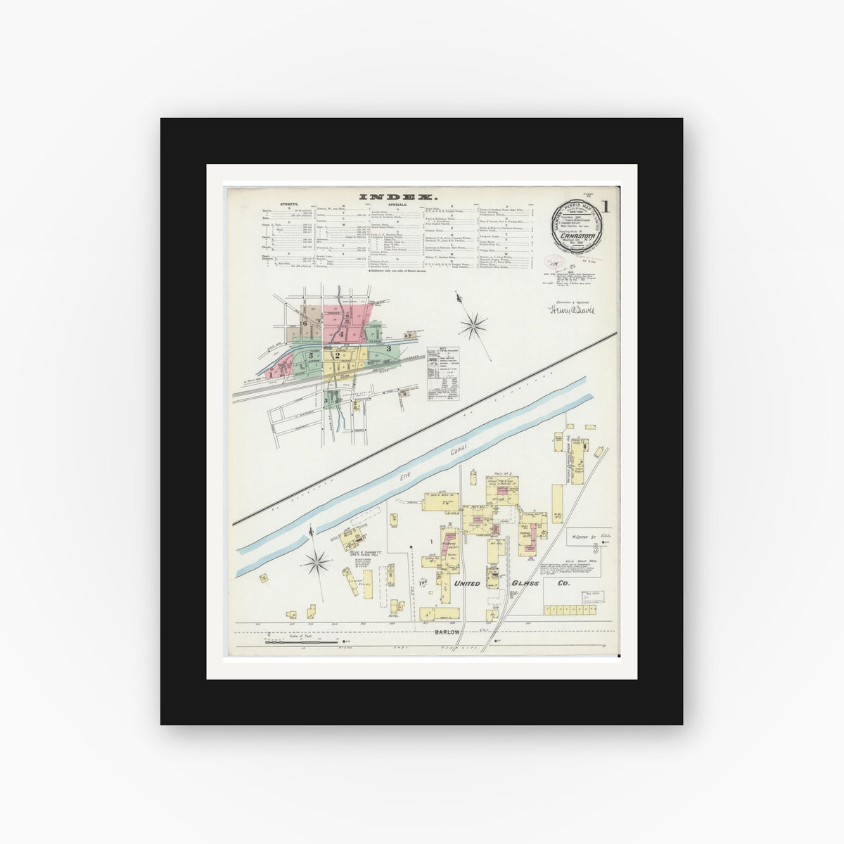 Old map wall art mockup — black gallery frame with white mat — Sanborn Fire Insurance Map from Canastota, Madison County, New York (1895), Sheet #0001