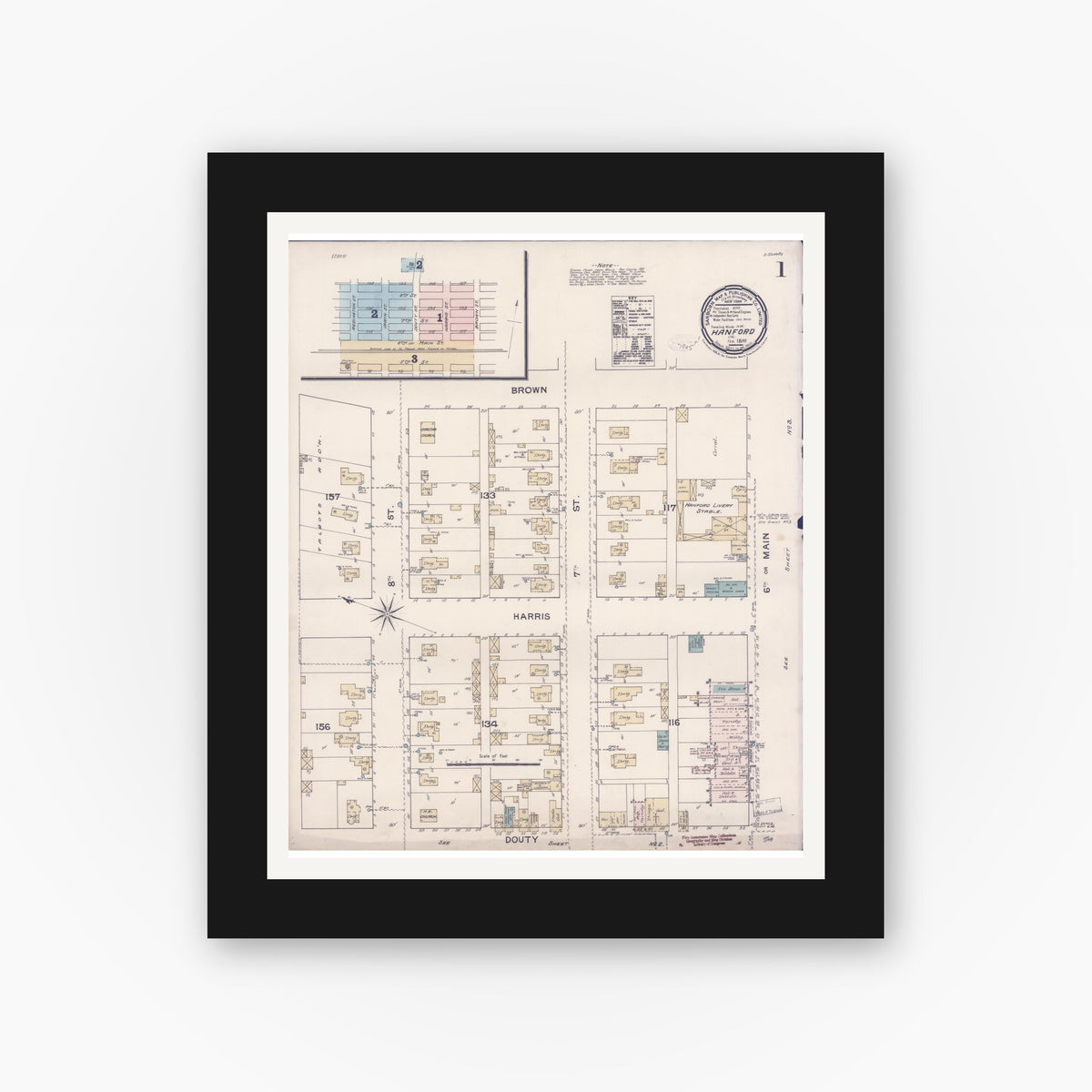 Old map wall art mockup — black gallery frame with white mat — Sanborn Fire Insurance Map from Hanford, Kings County, California (1888) - Complete Map Set