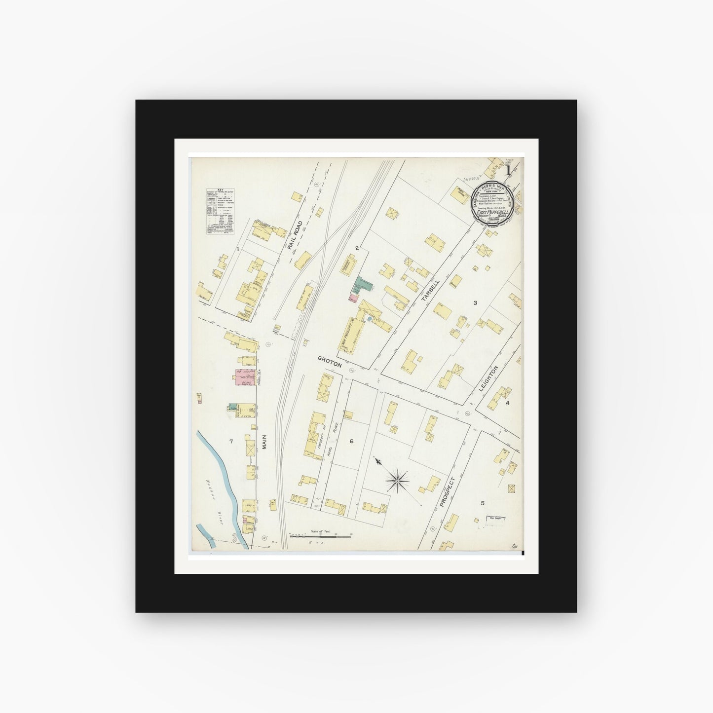 Old map wall art mockup — black gallery frame with white mat — Sanborn Fire Insurance Map from East Pepperell, Middlesex County, Massachusetts (1892) - Complete Map Set