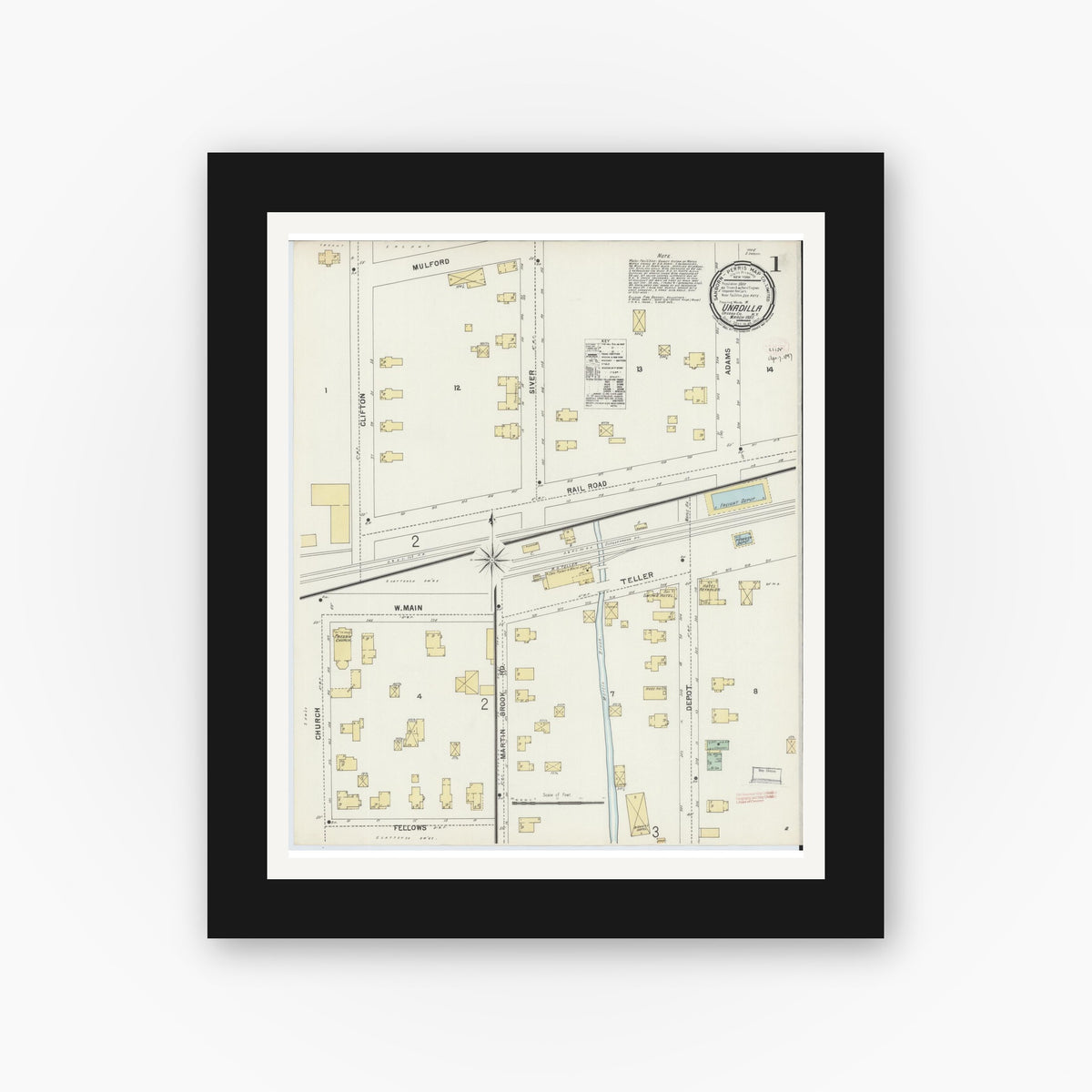 Old map wall art mockup — black gallery frame with white mat — Sanborn Fire Insurance Map from Unadilla, Otsego County, New York (1897) - Complete Map Set