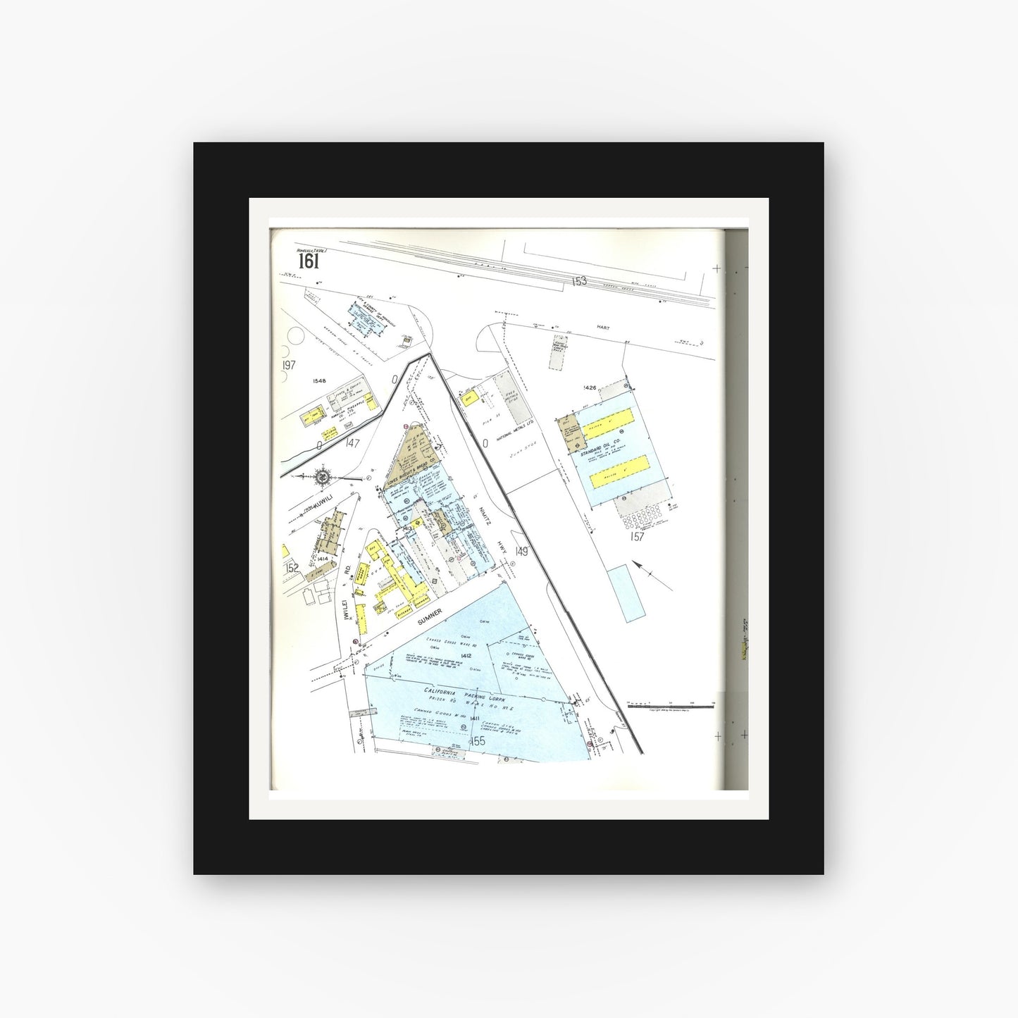 Old map wall art mockup — black gallery frame with white mat — Sanborn Fire Insurance Map from Honolulu, Oahu County, Hawaii (1955), Sheet #0161