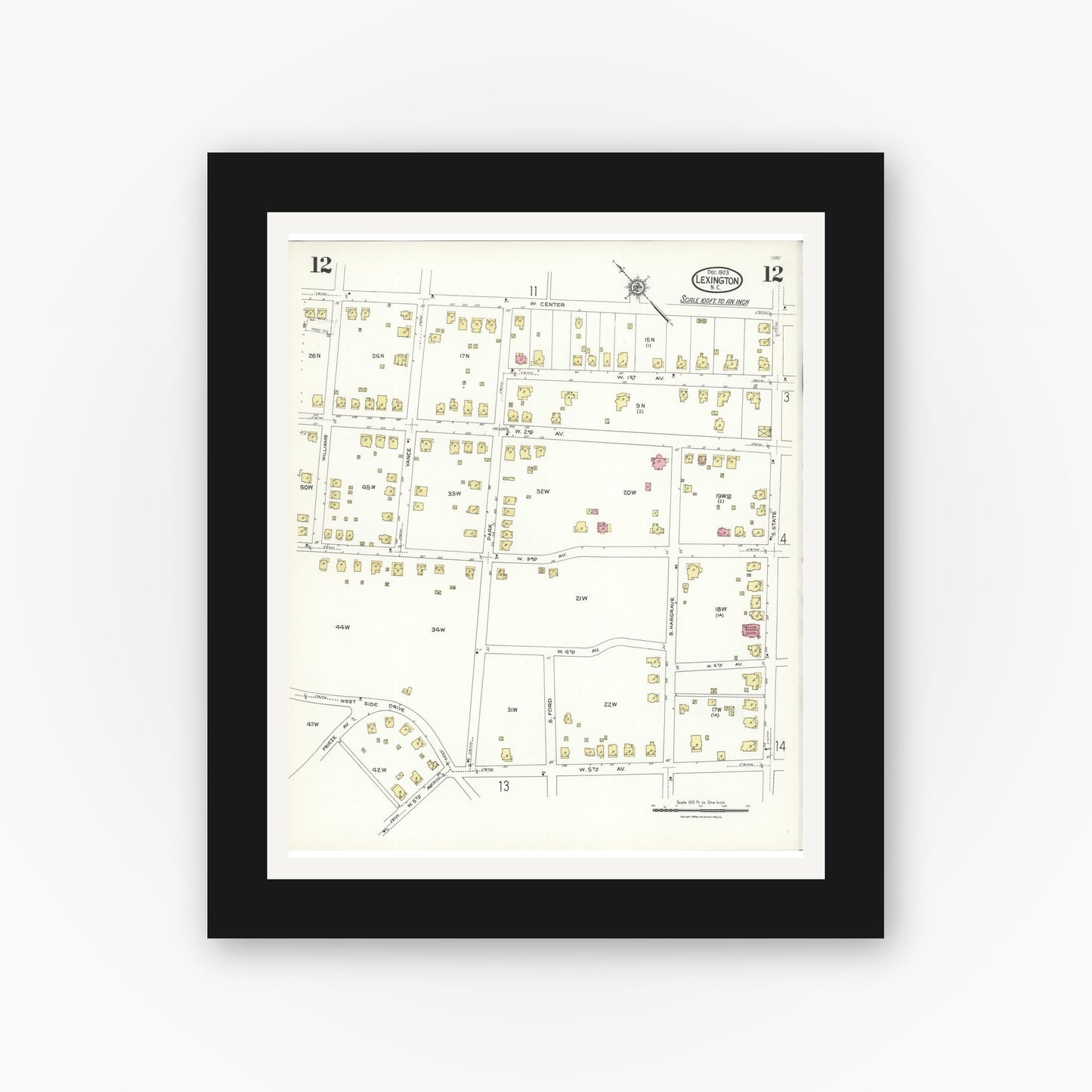 Old map wall art mockup — black gallery frame with white mat — Sanborn Fire Insurance Map from Lexington, Davidson County, North Carolina (1923), Sheet #0012