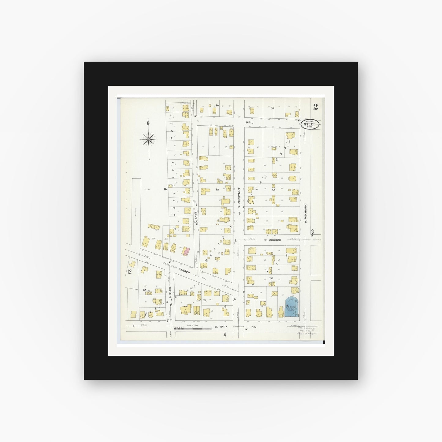 Old map wall art mockup — black gallery frame with white mat — Sanborn Fire Insurance Map from Niles, Trumbull County, Ohio (1909), Sheet #0002