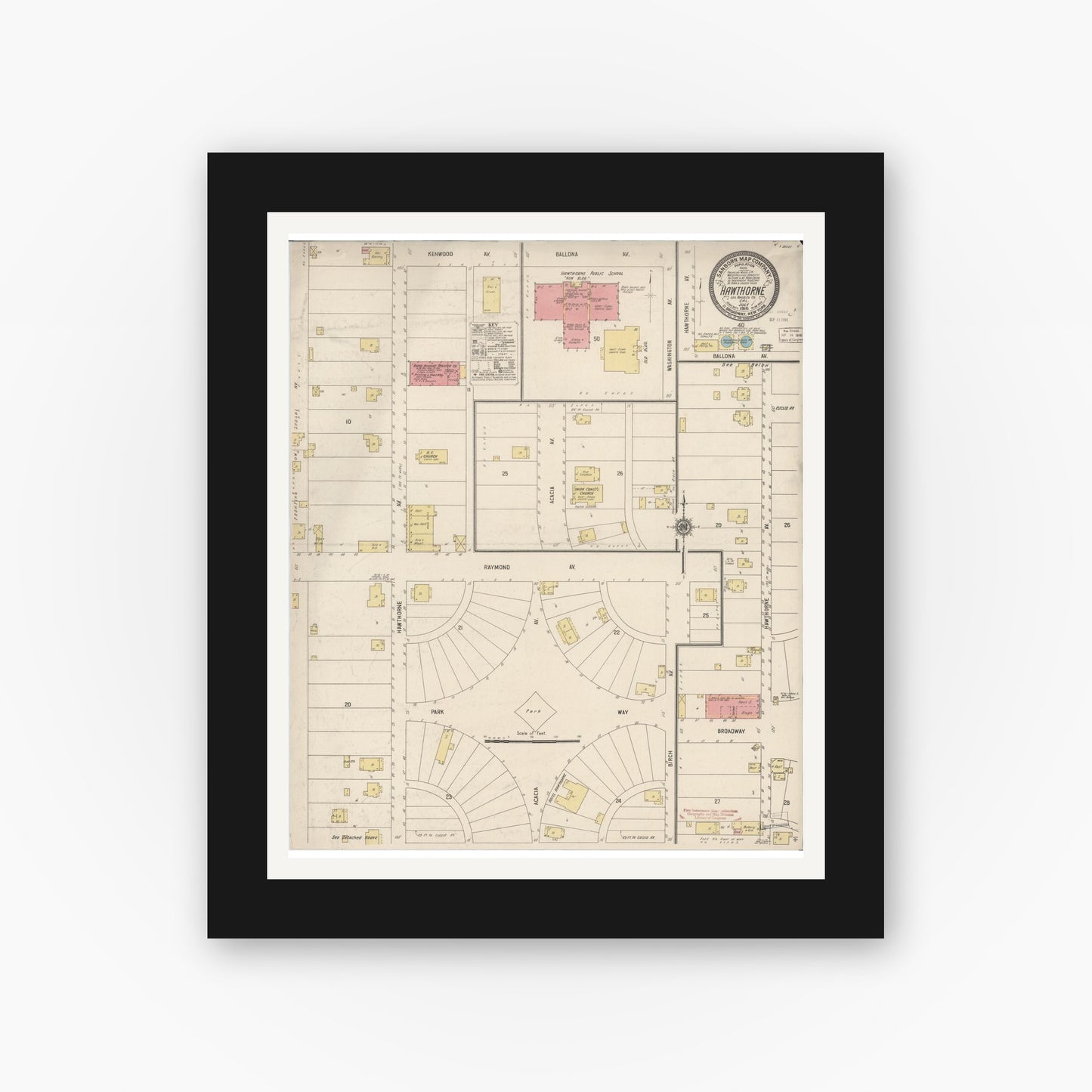 Old map wall art mockup — black gallery frame with white mat — Sanborn Fire Insurance Map from Hawthorne, Los Angeles County, California (1916), Sheet #0001