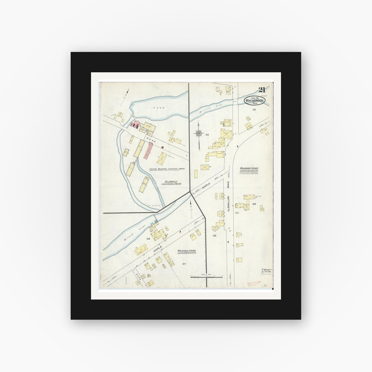 Old map wall art mockup — black gallery frame with white mat — Sanborn Fire Insurance Map from Winchendon, Worcester County, Massachusetts (1914), Sheet #0021