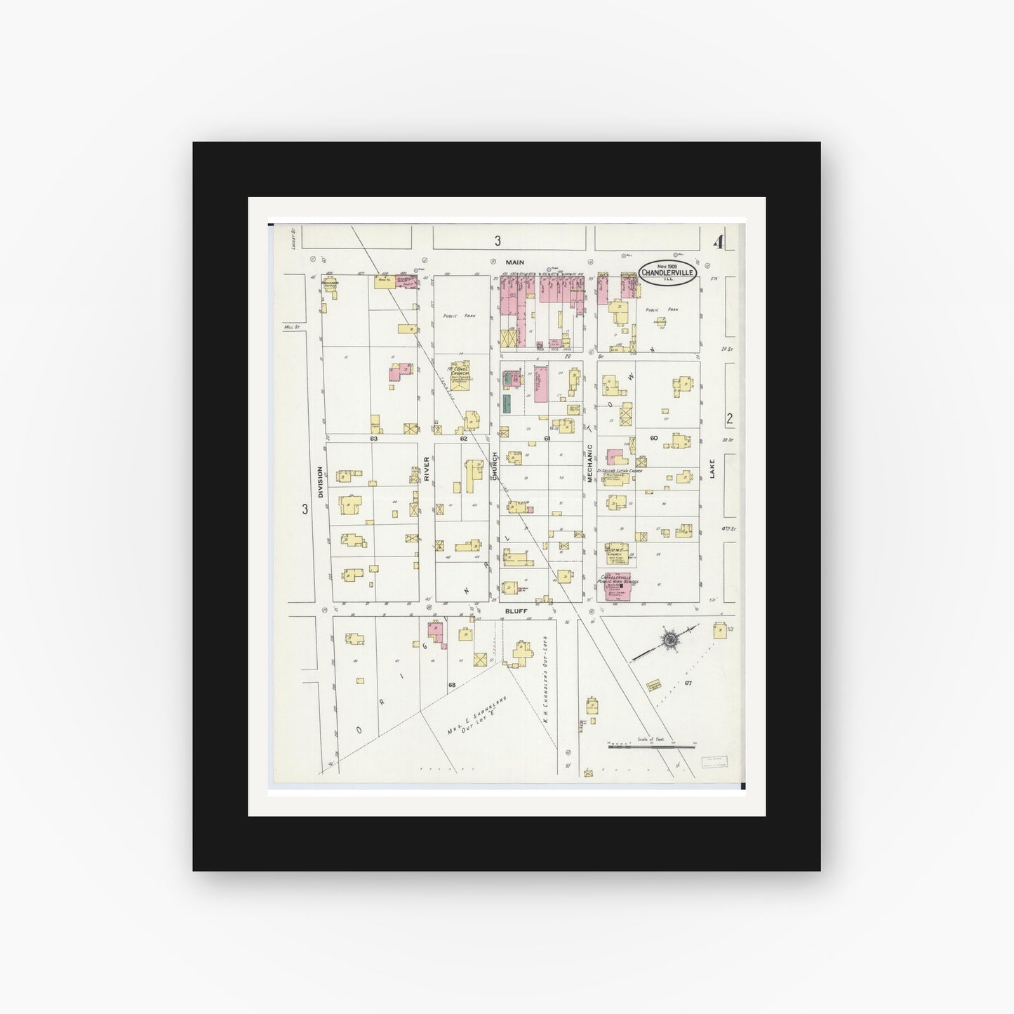 Old map wall art mockup — black gallery frame with white mat — Sanborn Fire Insurance Map from Chandlerville, Cass County, Illinois (1909), Sheet #0004