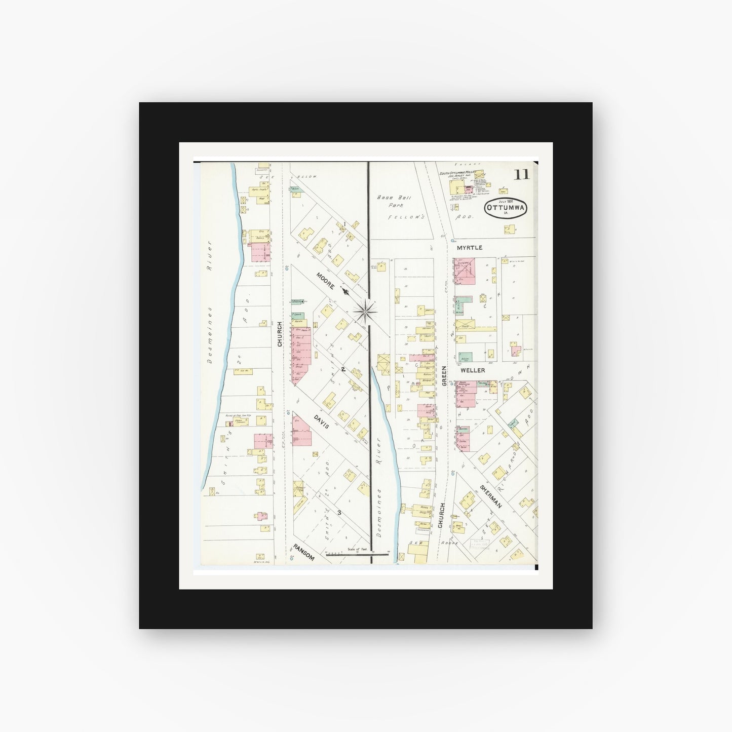 Old map wall art mockup β black gallery frame with white mat β Sanborn Fire Insurance Map from Ottumwa, Wapello County, Iowa (1891), Sheet #0011