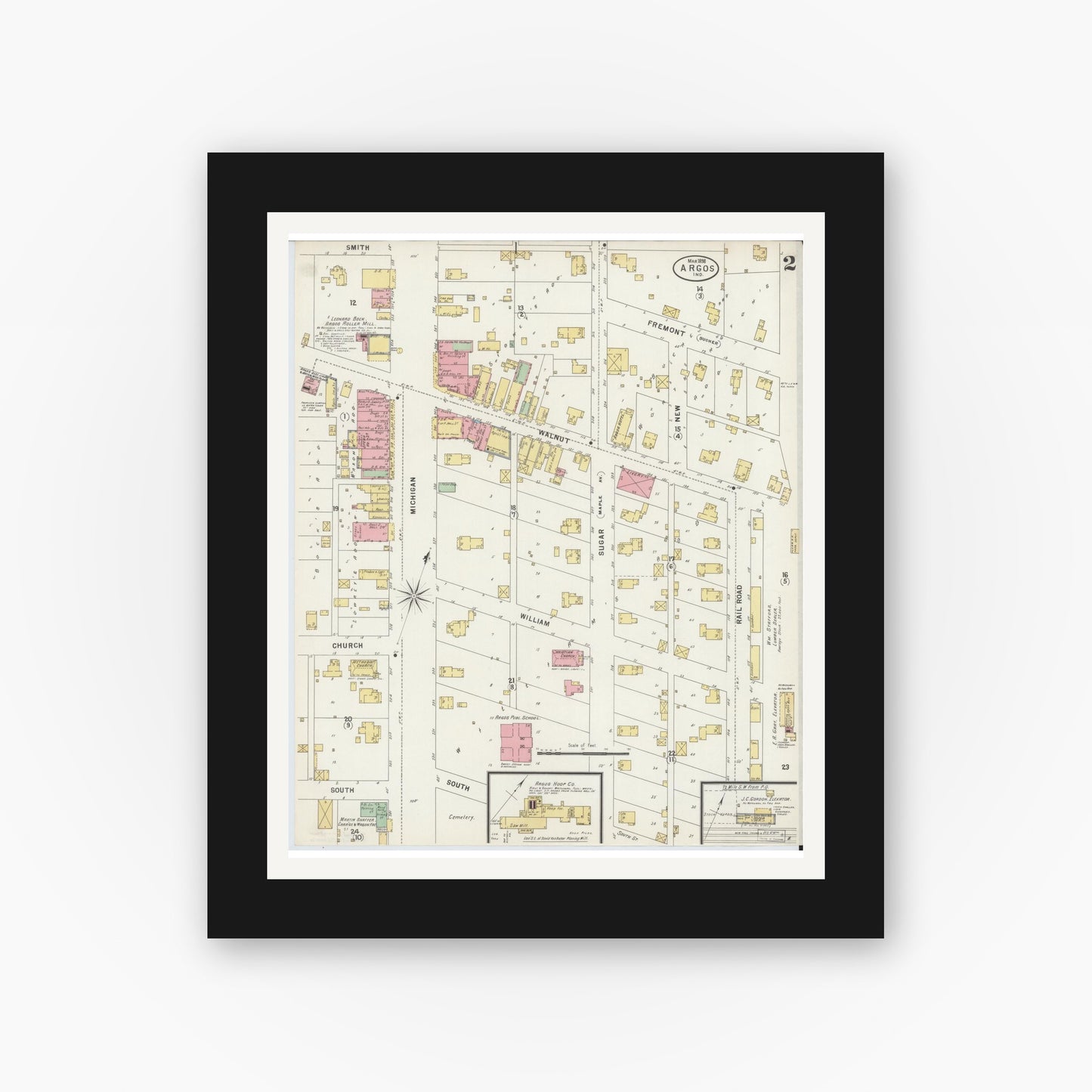 Old map wall art mockup — black gallery frame with white mat — Sanborn Fire Insurance Map from Argos, Marshall County, Indiana (1898), Sheet #0002