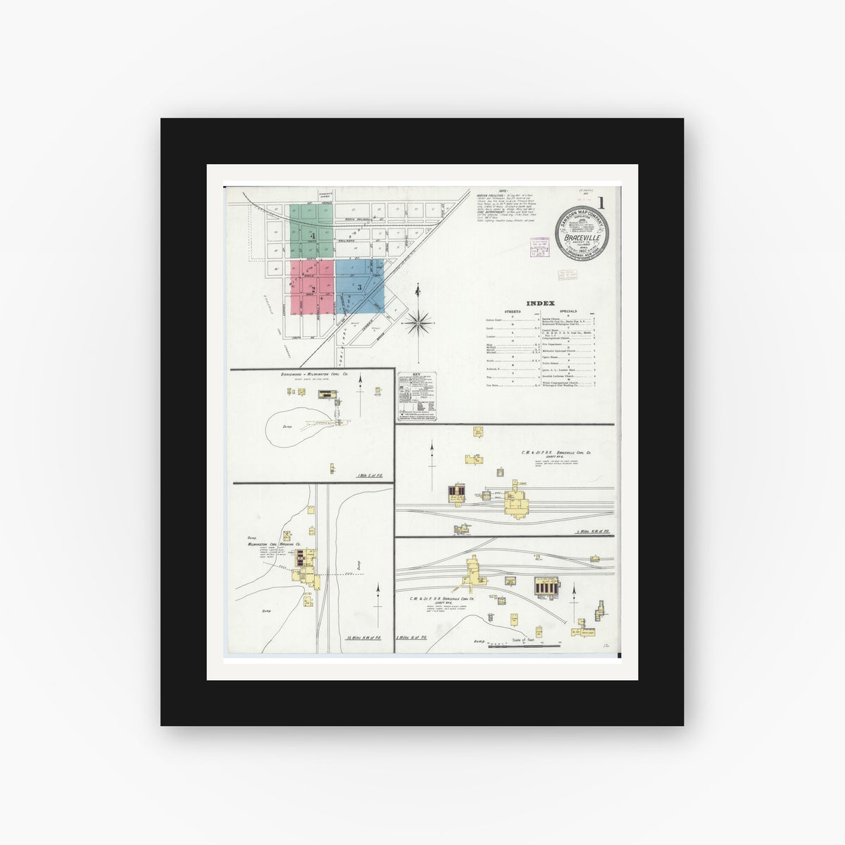 Old map wall art mockup — black gallery frame with white mat — Sanborn Fire Insurance Map from Braceville, Grundy County, Illinois (1907) - Complete Map Set