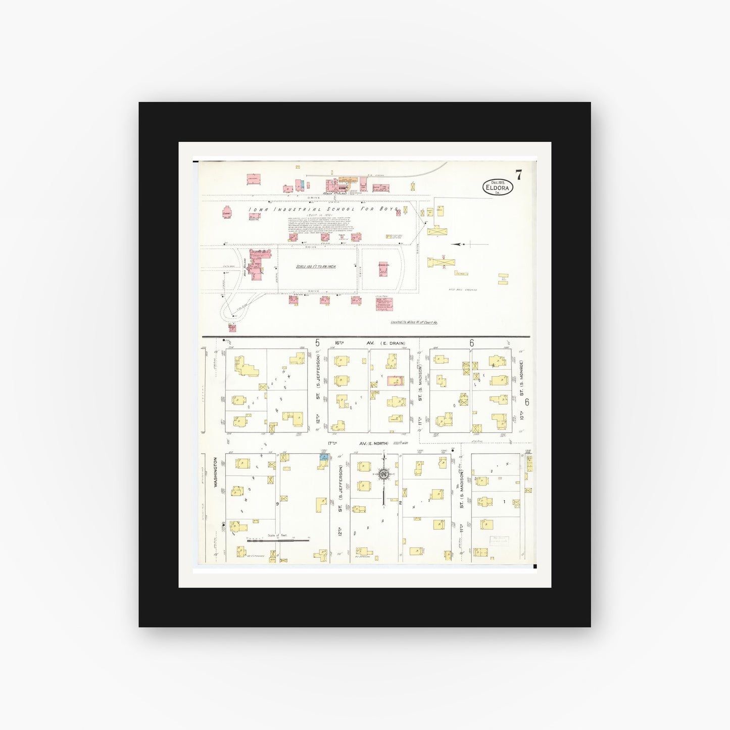 Old map wall art mockup — black gallery frame with white mat — Sanborn Fire Insurance Map from Eldora, Hardin County, Iowa (1915), Sheet #0007