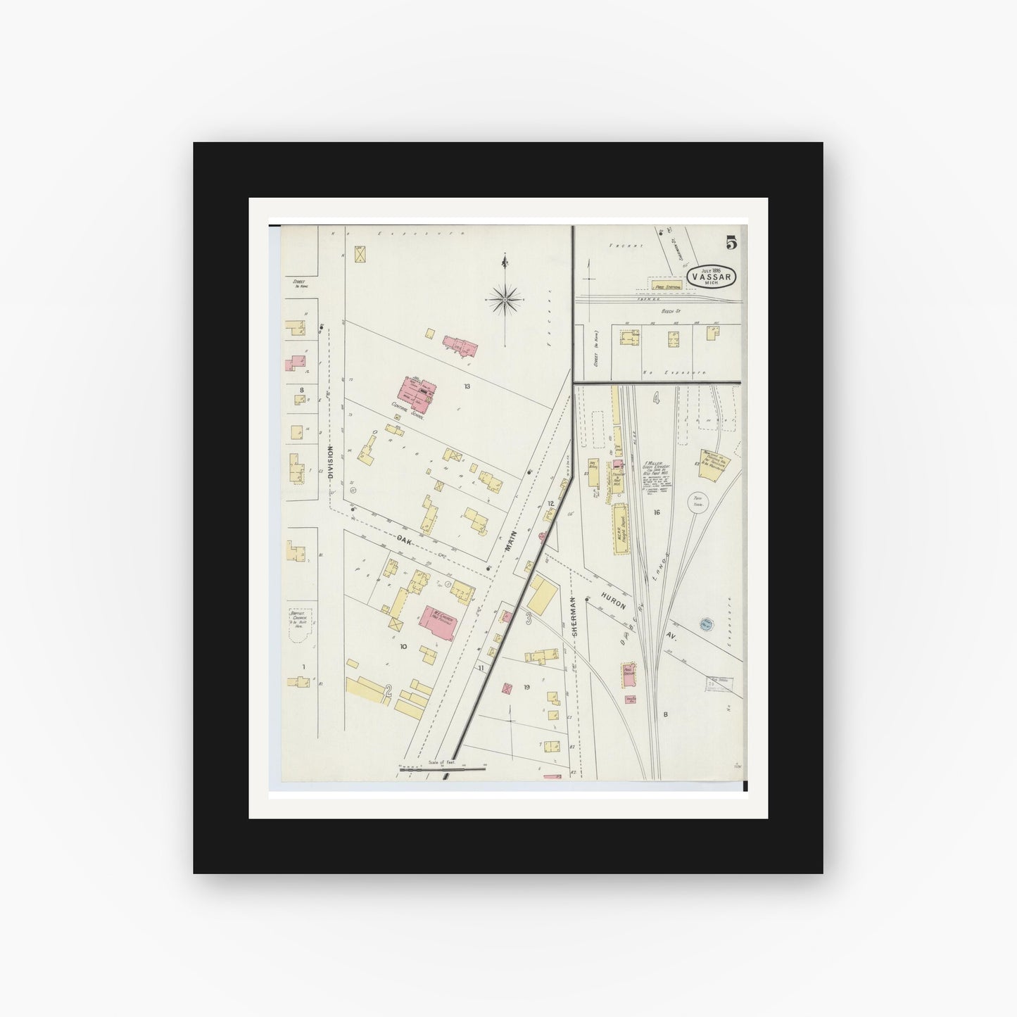 Old map wall art mockup — black gallery frame with white mat — Sanborn Fire Insurance Map from Vassar, Tuscola County, Michigan (1895), Sheet #0005