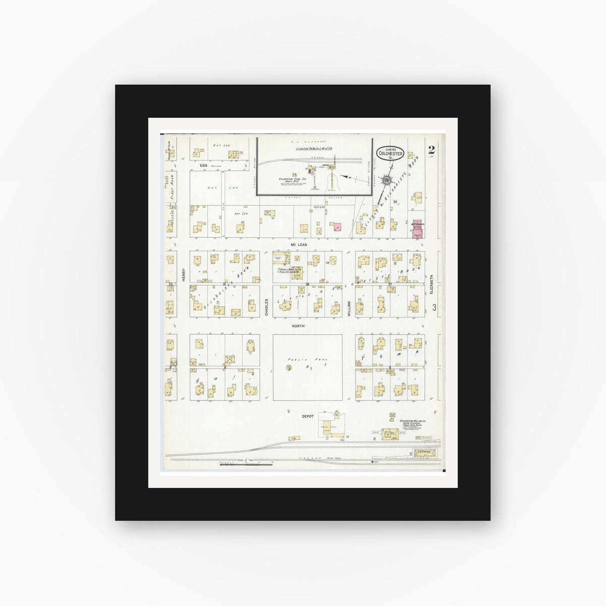 Old map wall art mockup — black gallery frame with white mat — Sanborn Fire Insurance Map from Colchester, Mcdonough County, Illinois (1912), Sheet #0002