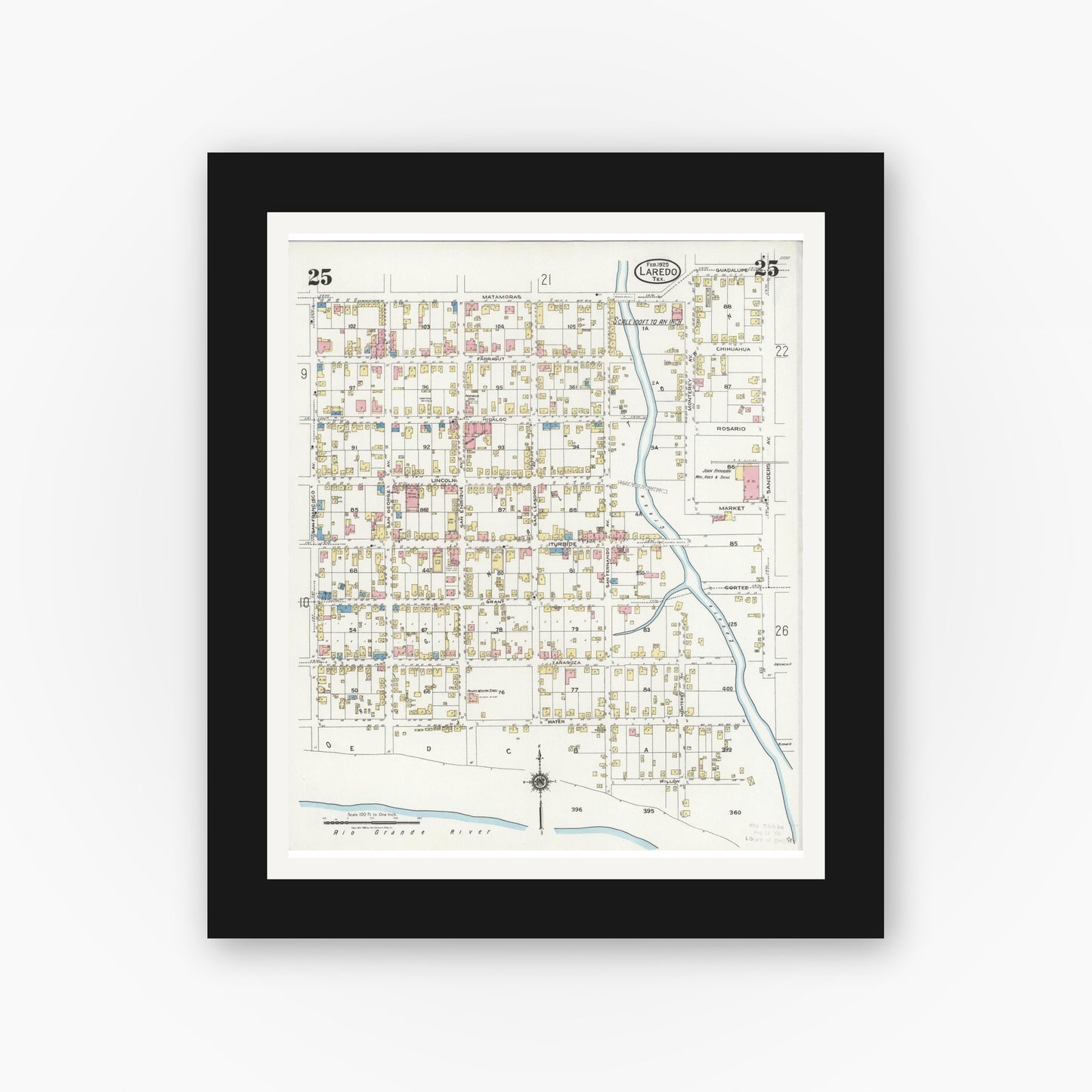 Old map wall art mockup — black gallery frame with white mat — Sanborn Fire Insurance Map from Laredo, Webb County, Texas (1925), Sheet #0025