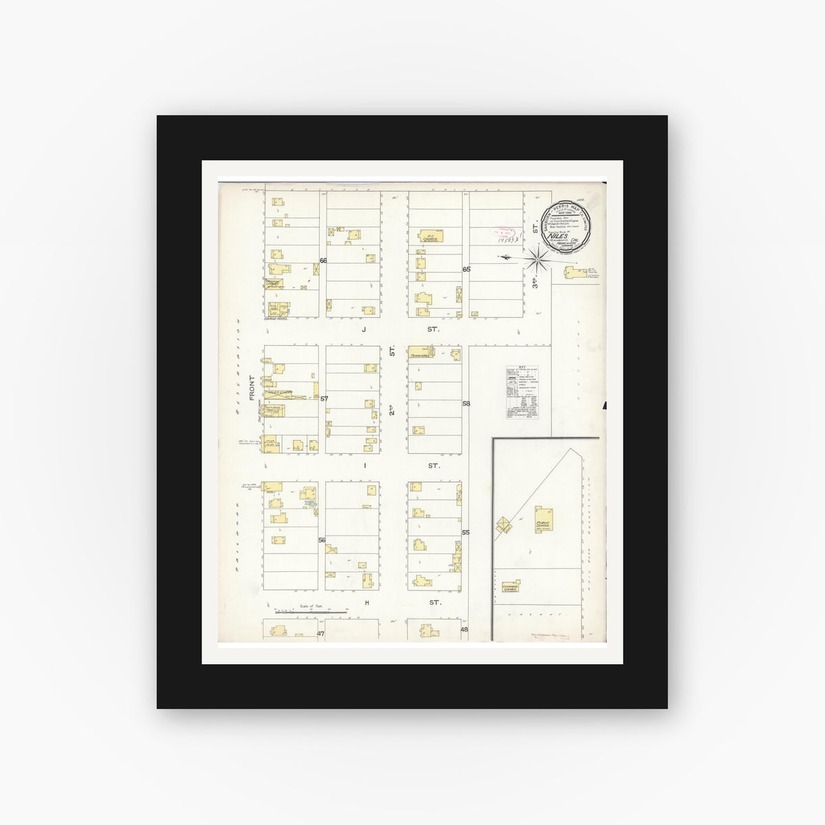 Old map wall art mockup — black gallery frame with white mat — Sanborn Fire Insurance Map from Niles, Alameda County, California (1892), Sheet #0001